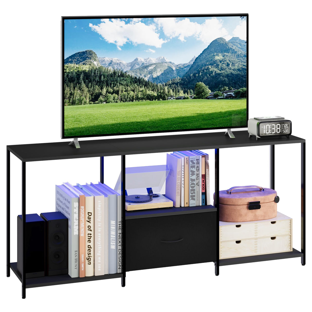 Amenitlif LED TV Stand with Open Shelves and Fabric Drawer, Entertainment Center with LED Lights, Media Console for 55" TV, Television Stands for Living Room, Bedroom Amenitlif