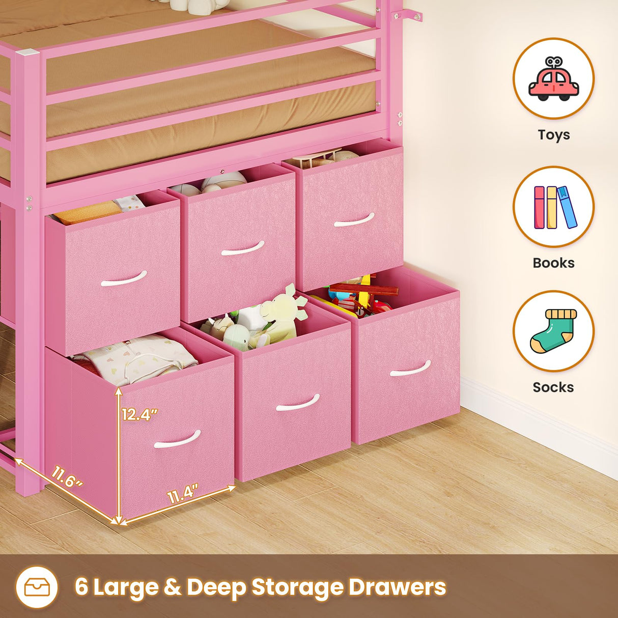 BTHFST Low Loft Bed Twin Size with 6 Storage Drawers, LED Lights, 2 Tier Storage Shelves, Kids Metal Loft Bed with 15" H Stairs & Safety Guardrail, Spave Saving, Pink BTHFST