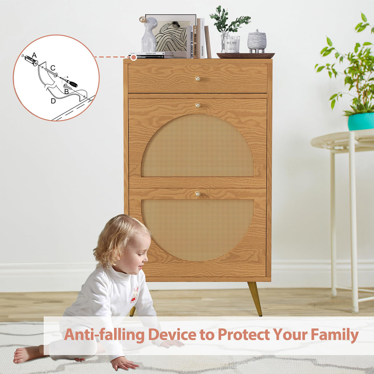 Shintenchi Shoe Rack Storage Cabinet with 2 Semi-Circular Rattan Doors and 1 Drawer, Freestanding Shoe Cabinet with Adjustable Shelf for Front Door Entrance, Hallway, Oak Shintenchi