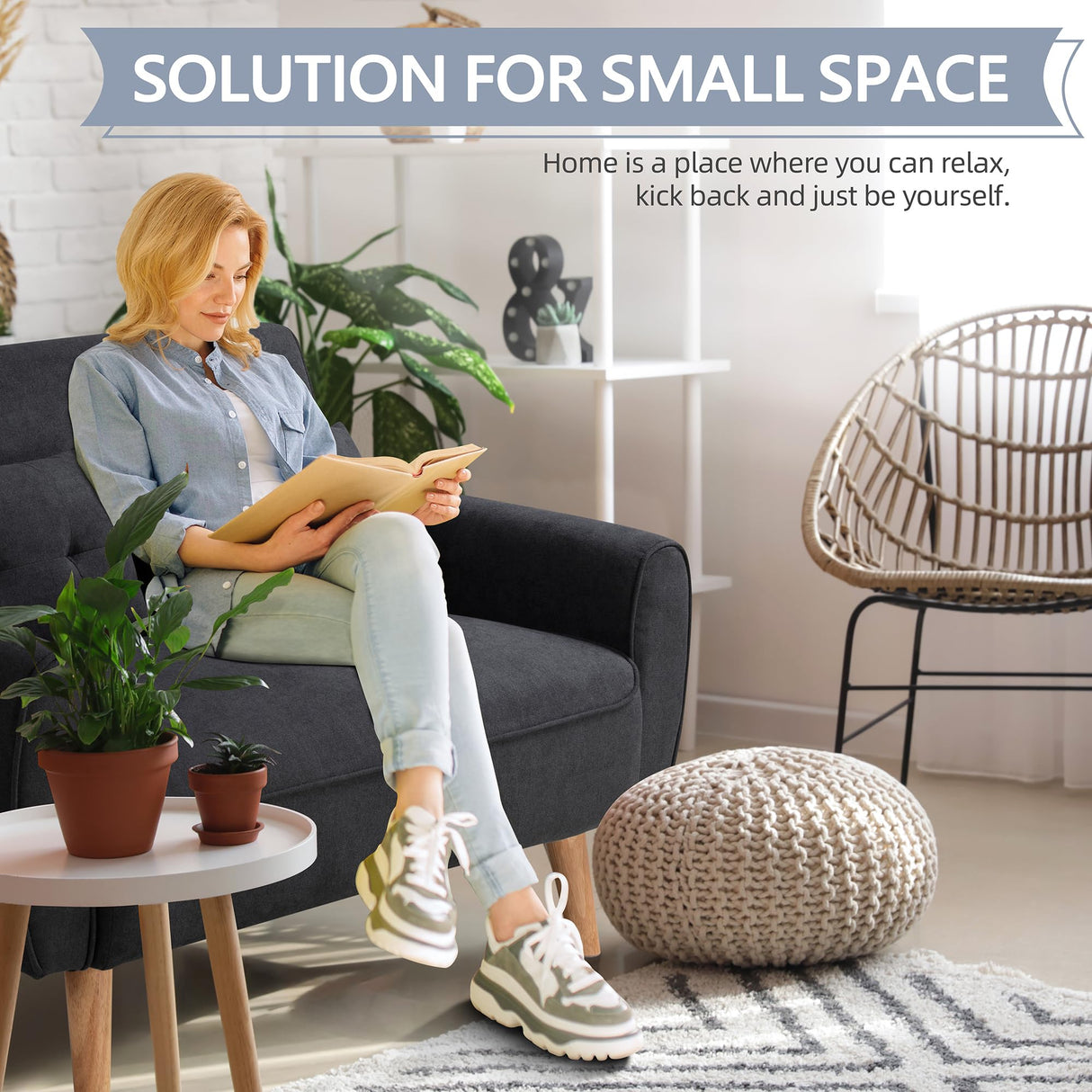 Shintenchi Small Modern Loveseat Couch Sofa, Mid Century Fabric Upholstered 2-Seat Sofa Couch Love Seats Furniture for Small Space,Living Room,Studio,Apartment with 2 Pillows,Black Shintenchi