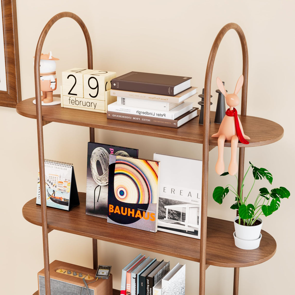 Tall Vinyl Record Player Stand, 4 Tier Arched Bookshelf with Sliding Doors, Retro Small Record Storage Cabinet, Fluted Media Display Shelf, Mid Century Modern Turntable Stand for Living Room, Walnut Woemtoric