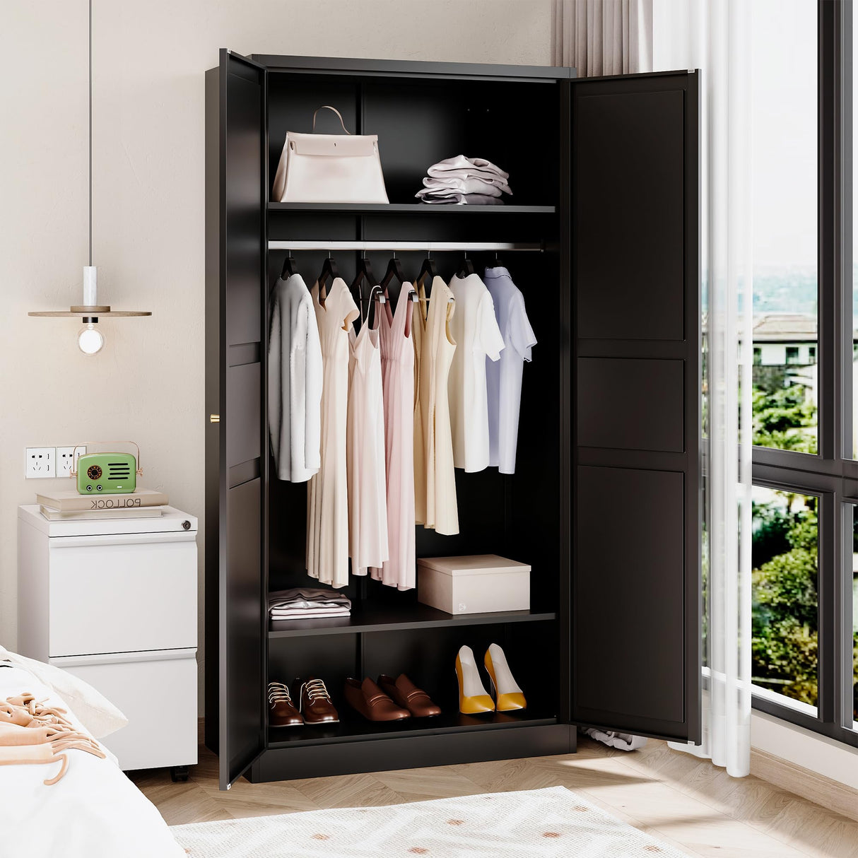 BYNSOE Metal Armoire Wardrobe Closet with 2 Doors 72'' Wardrobe Cabinet with Hanging Rail Metal Closet with Adjustable Shelves for Bedroom Require Assembly (Black, 72inch) BYNSOE