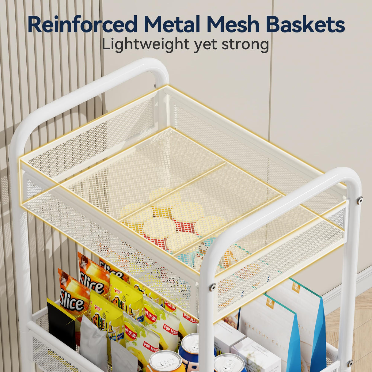 YASONIC 3 Tier Rolling Cart – Metal Utility Storage Cart with Wheels, Craft Carts Organizer with Hanging Cups, Hooks, Mesh Basket for Bedside Kitchen Office Art, White YASONIC