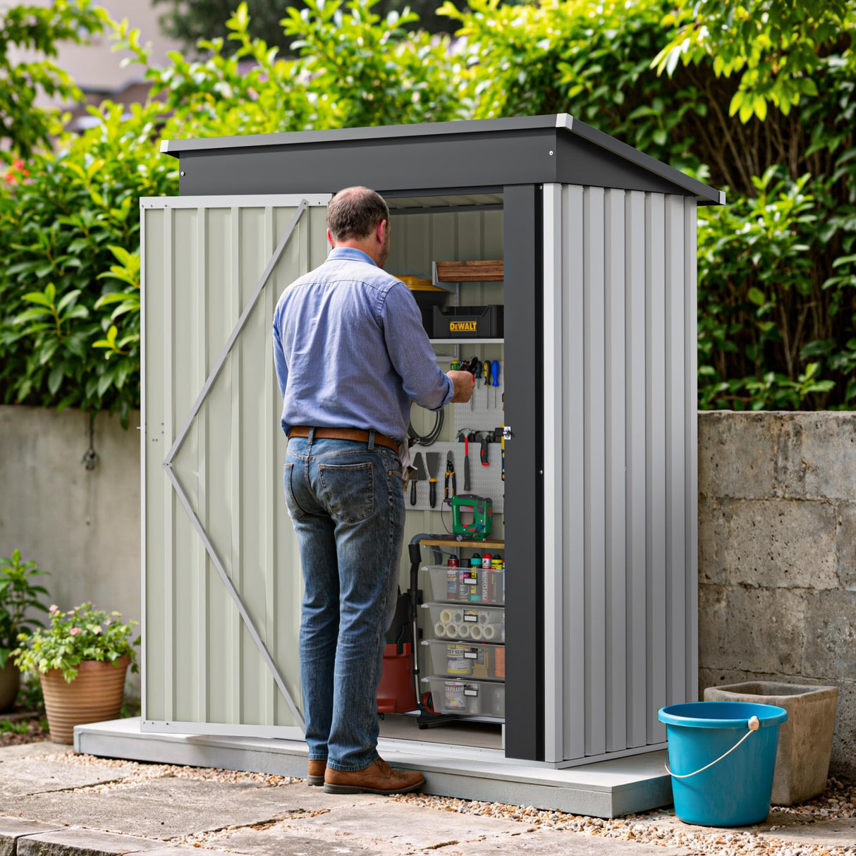 Greesum 5×3 FT Outdoor Storage Shed, Metal Storaged Sheds Without Floor, Tool Sheds with Lockable Doors and Sloping Roof for Garden, Patio, Backyard, White Greesum
