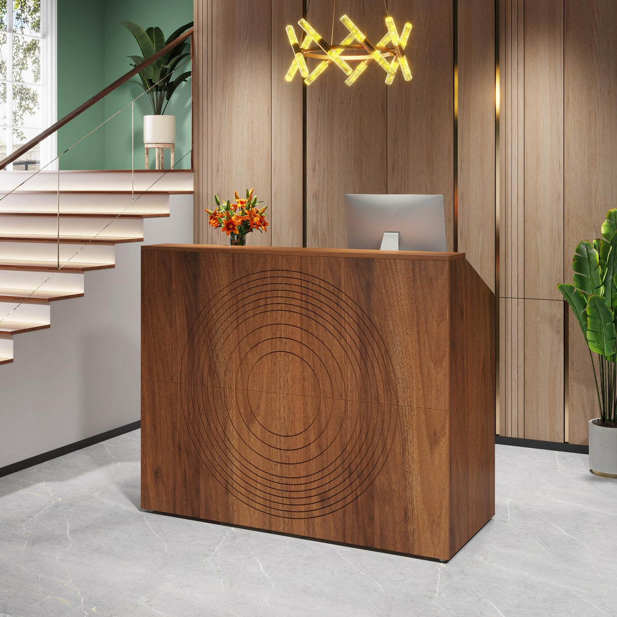 Tribesigns Reception Desk with Counter, Modern Front Desk Reception Room Table with Cable Grommet, 47 inch Retail Counter for Checkout, Lobby, Beauty Salon, Home Office Desk, Walnut Tribesigns