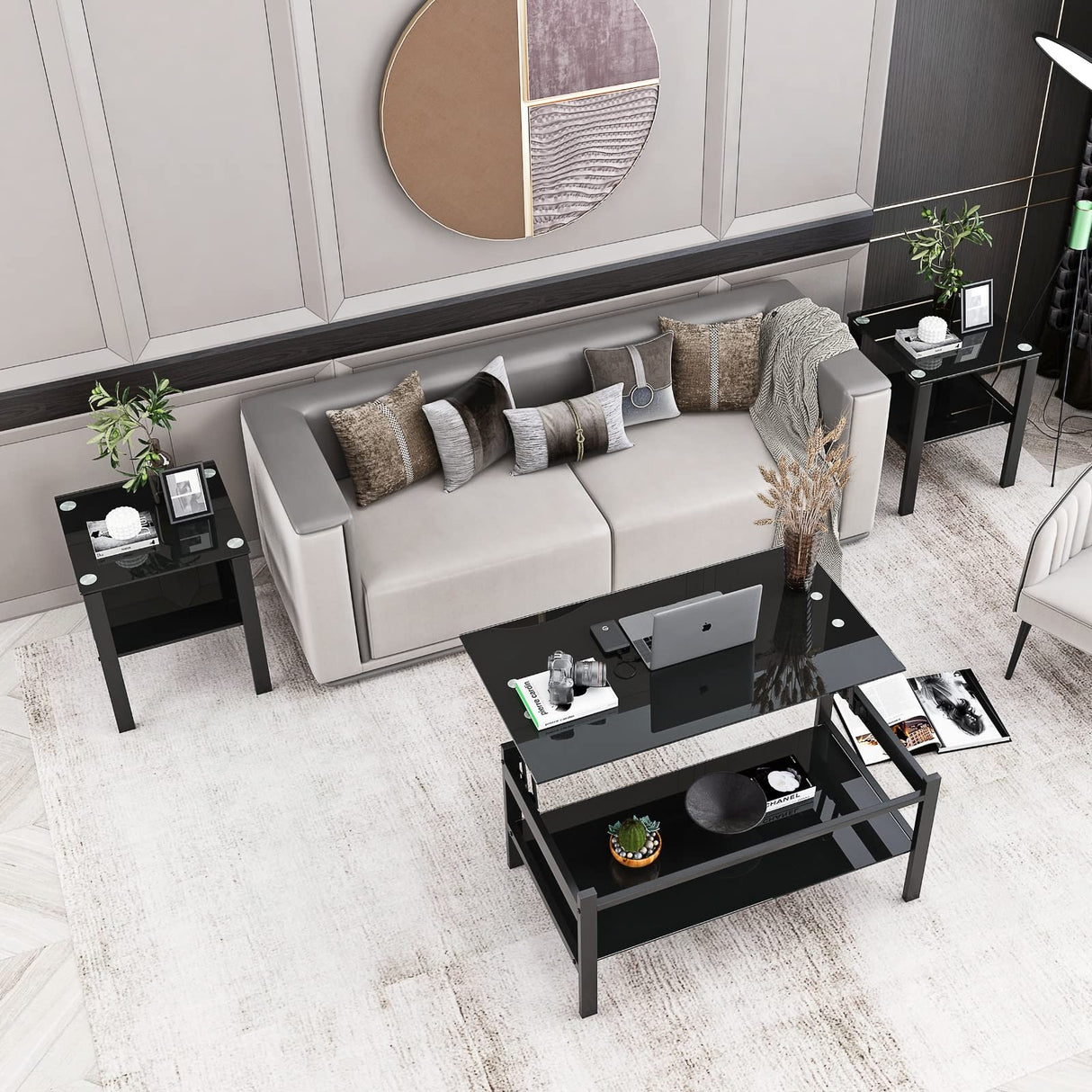 ODUSE-DAILY Black Lift Top Coffee Table, Black Glass Coffee Tables for Living Room, Small Rectangle Glass Top Coffee Table Lift Top, Black Coffee Tables for Living Room (1Pcs Coffee Table) ODUSE-DAILY