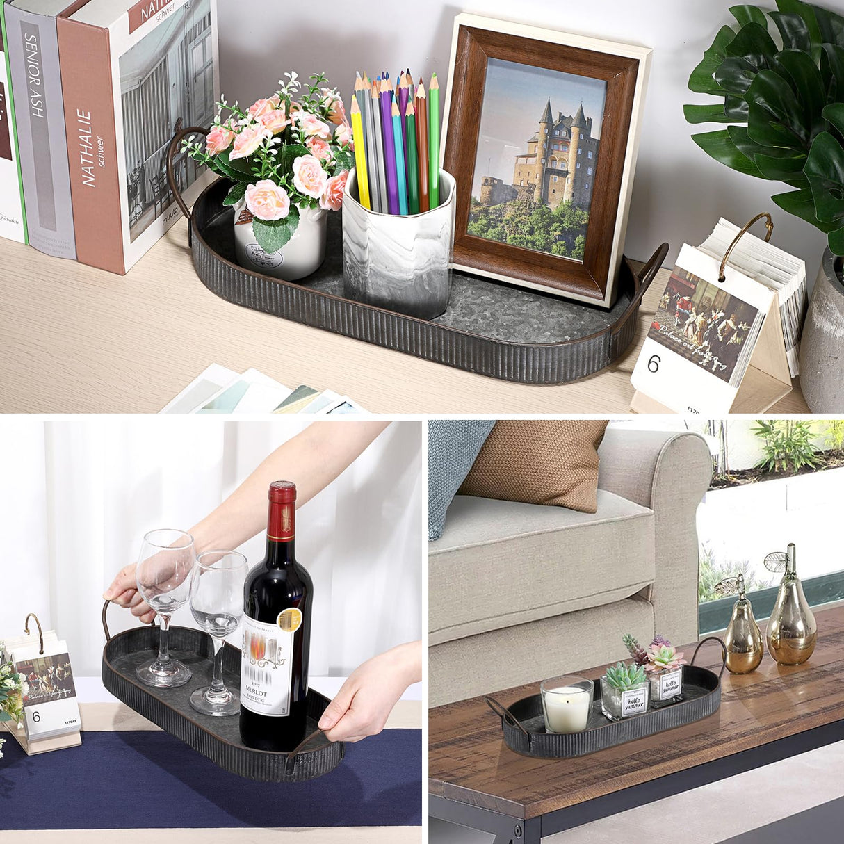 Hipiwe Oval Galvanized Metal Iron Tray with Handle, Industrial Style Storage Serving Tray Farmhouse Rustic Decorative Coffee Table Centerpiece for Home Decor Hipiwe