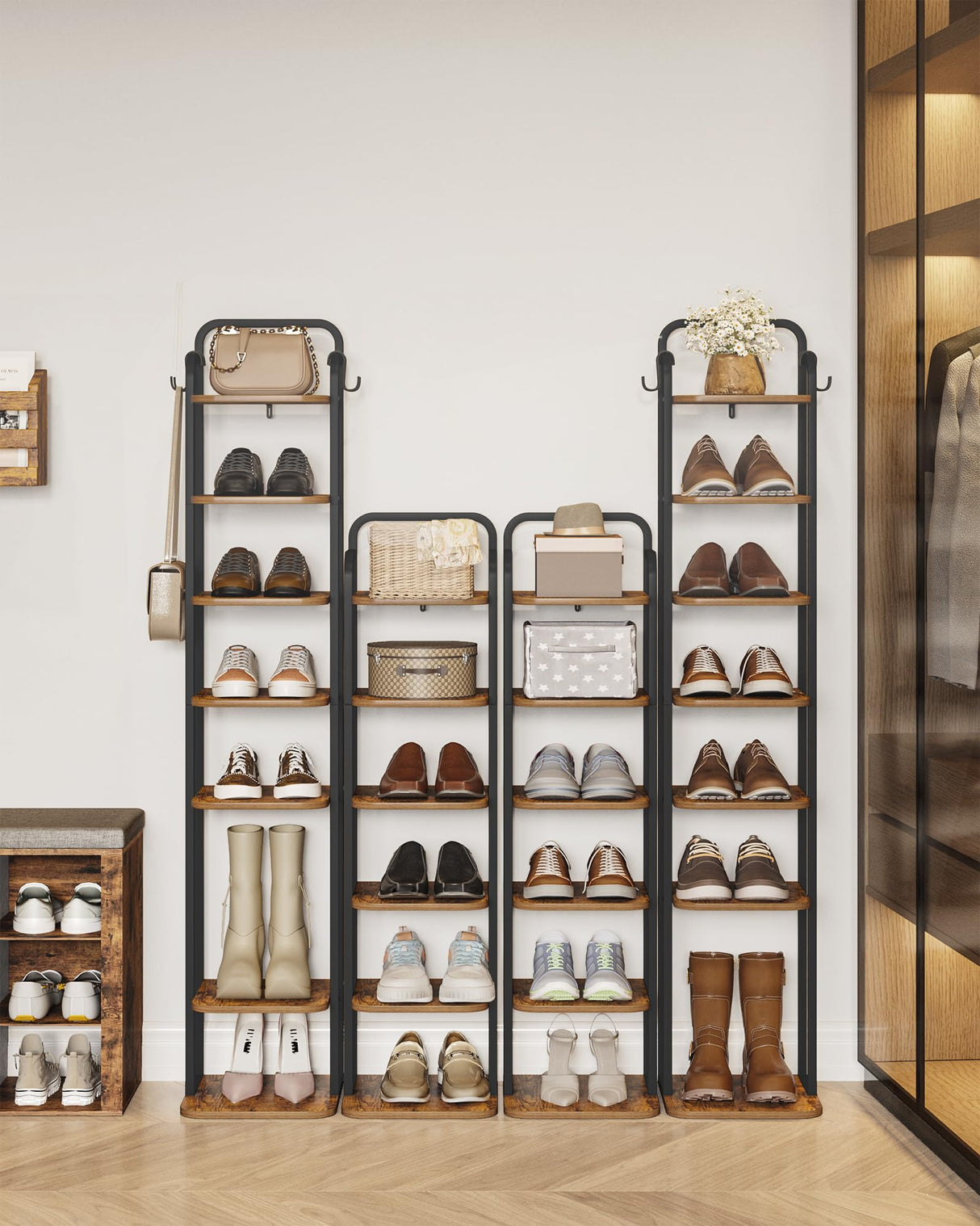 Hzuaneri 6 Tiers Vertical Shoe Rack, Narrow Shoe Tower, Tall Shoes Shelf with 2 Hooks, Adjustable Shelves, Corner Shoes Shelves for Small Spaces, Entryway, Living Room, Rustic Brown SR04201B Hzuaneri