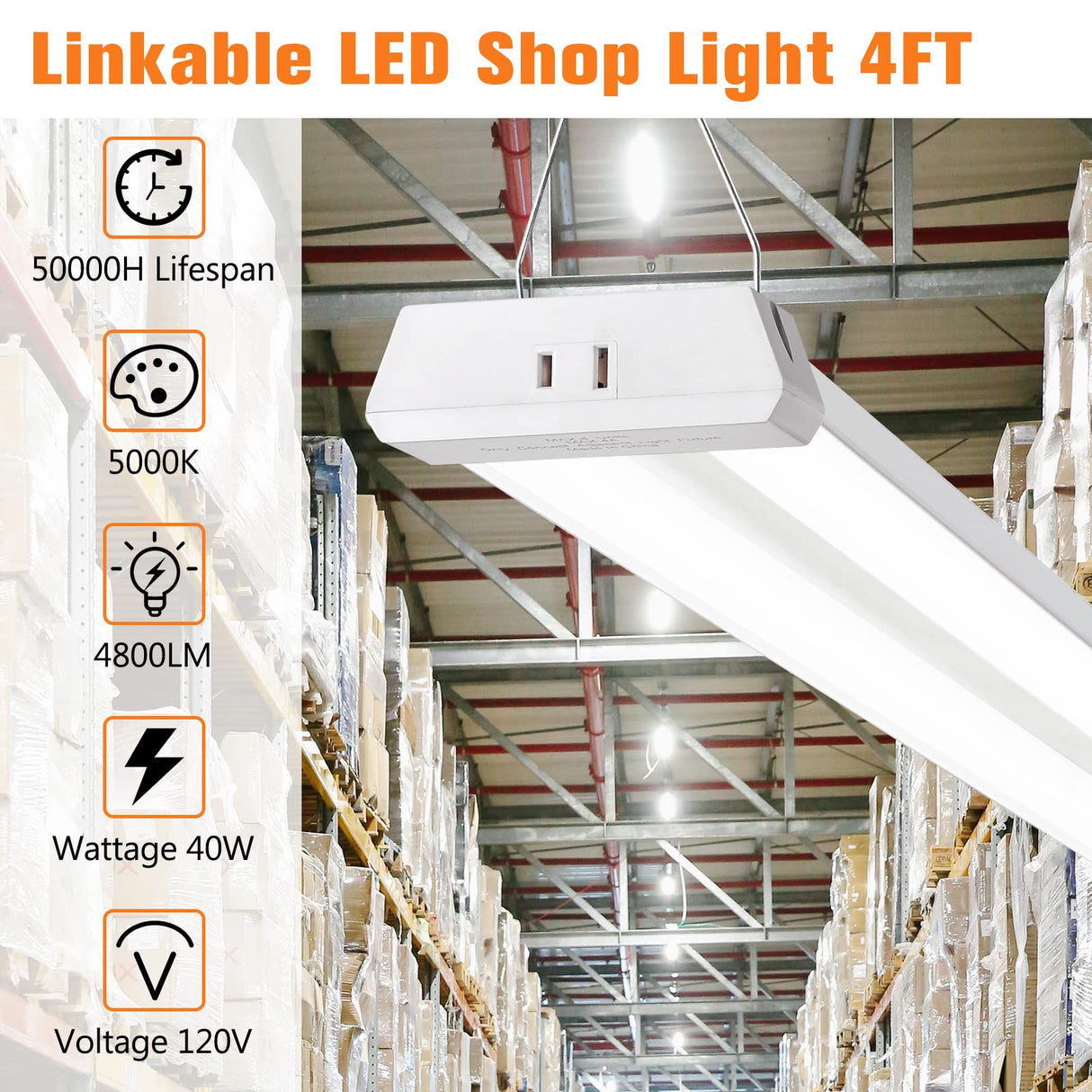 OOOLED 4FT Linkable LED Shop Light for Garages, 42W 4800LM 5000K Daylight White LED Shop Lights, LED Ceiling Light, with Pull Chain (ON/Off), Linear Worklight Fixture with Plug, 4 Pack OOOLED