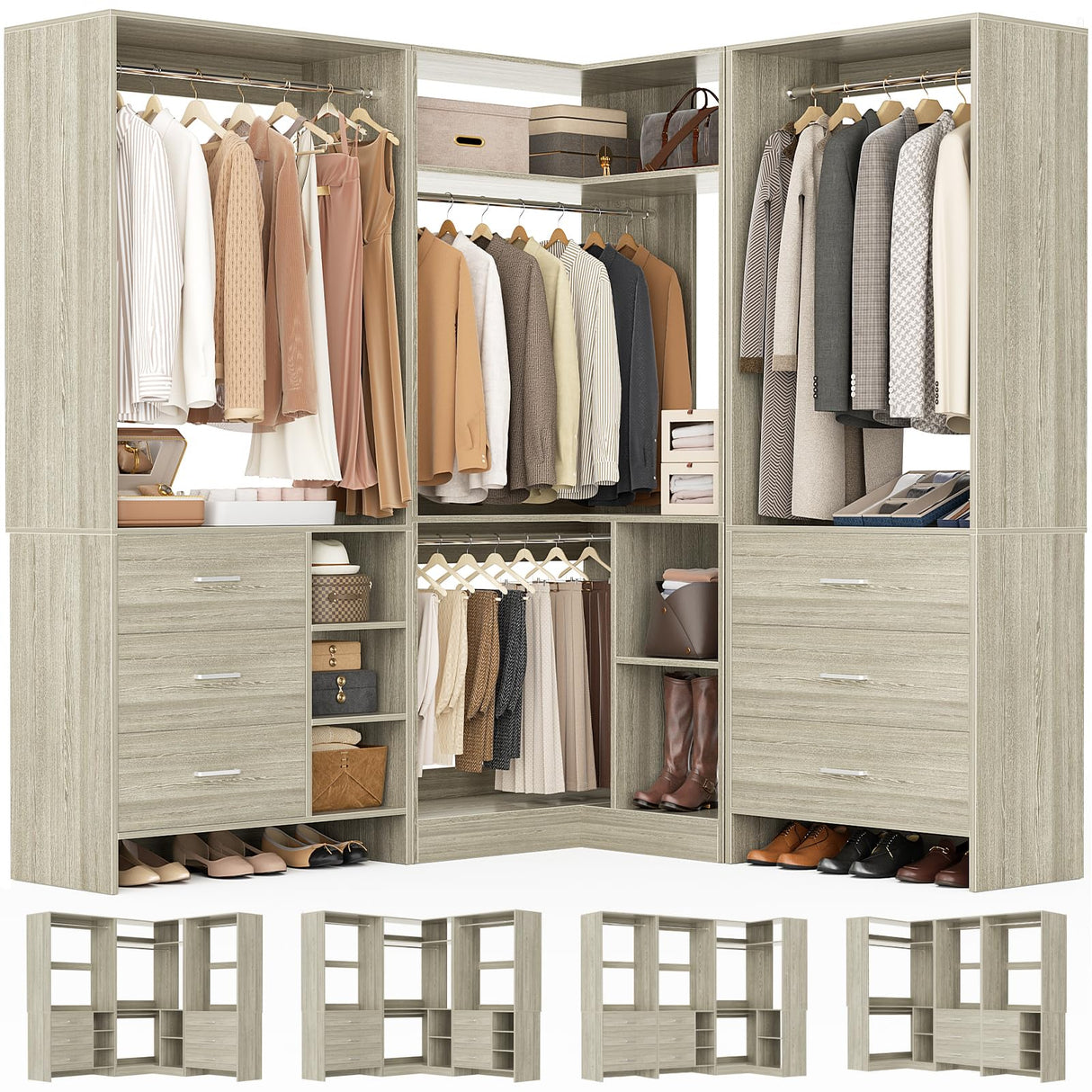 Aheaplus Closet System with 6 Drawers, 4 Hanging Rods & Corner Tower, Corner Closet System with Hanging, 86.8" L-Shaped Walk-In Wardrobe Organizer, 2000+ lbs Capacity, Set of 3, White Oak Aheaplus