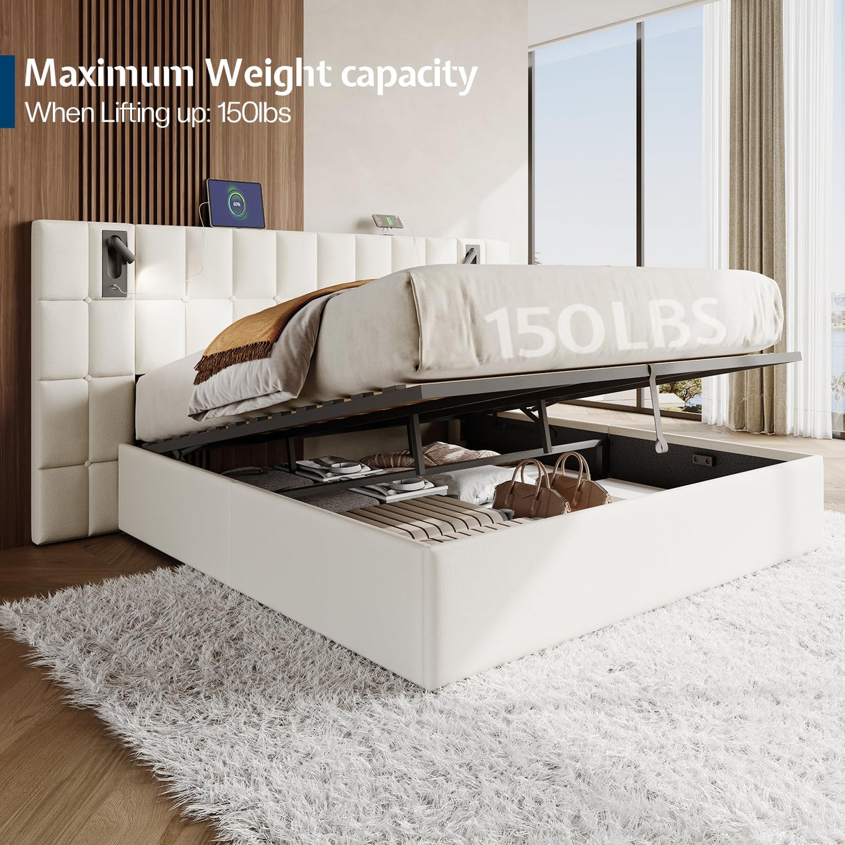 Jocisland King Size Upholstered Bed Frame with Widened Headboard,Lift-Up Storage Bed and Built-in Reading Light, Velvet Platform Frame, No Box Spring Required,Cream Jocisland