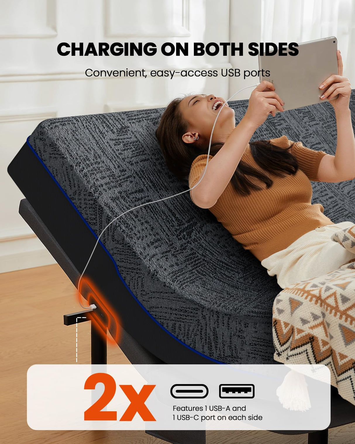 Amada Split King Adjustable Bed Frame and 14 Inch Cooling Gel Memory Foam Mattress Set, Massage, Head & Foot Incline, Wireless Remote, USB Ports, LED Night Light, Medium Firm Support AMADA HOMEFURNISHING