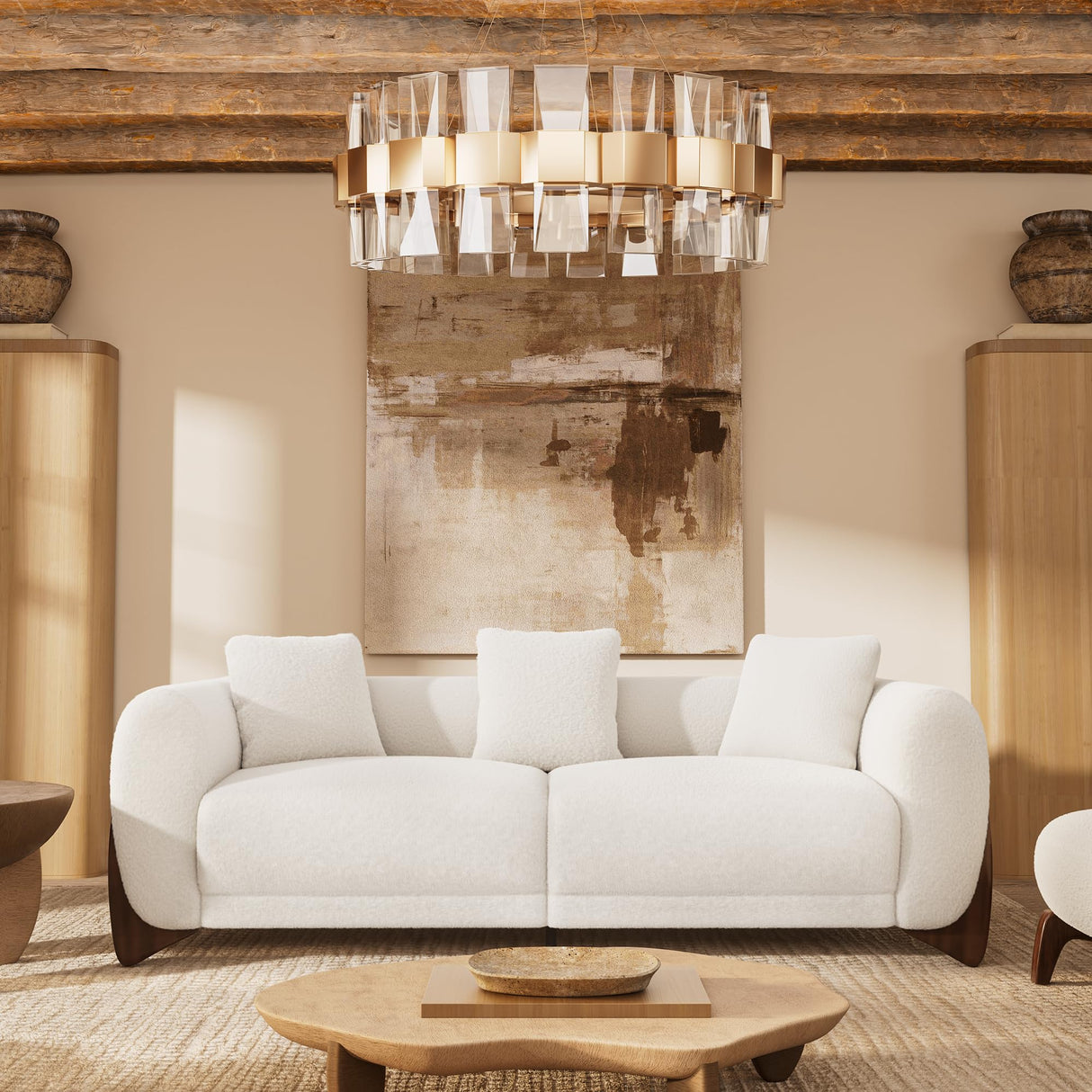 Morden Fort Modern Cloud Couch - 3 Seater Boucle Sofa with Crescent Wood Legs, Ultra-Thick High Resilience Cushion with 3 Matching Pillows Upholyster Comfy Couch Sofa for Living Room - Off White Morden Fort