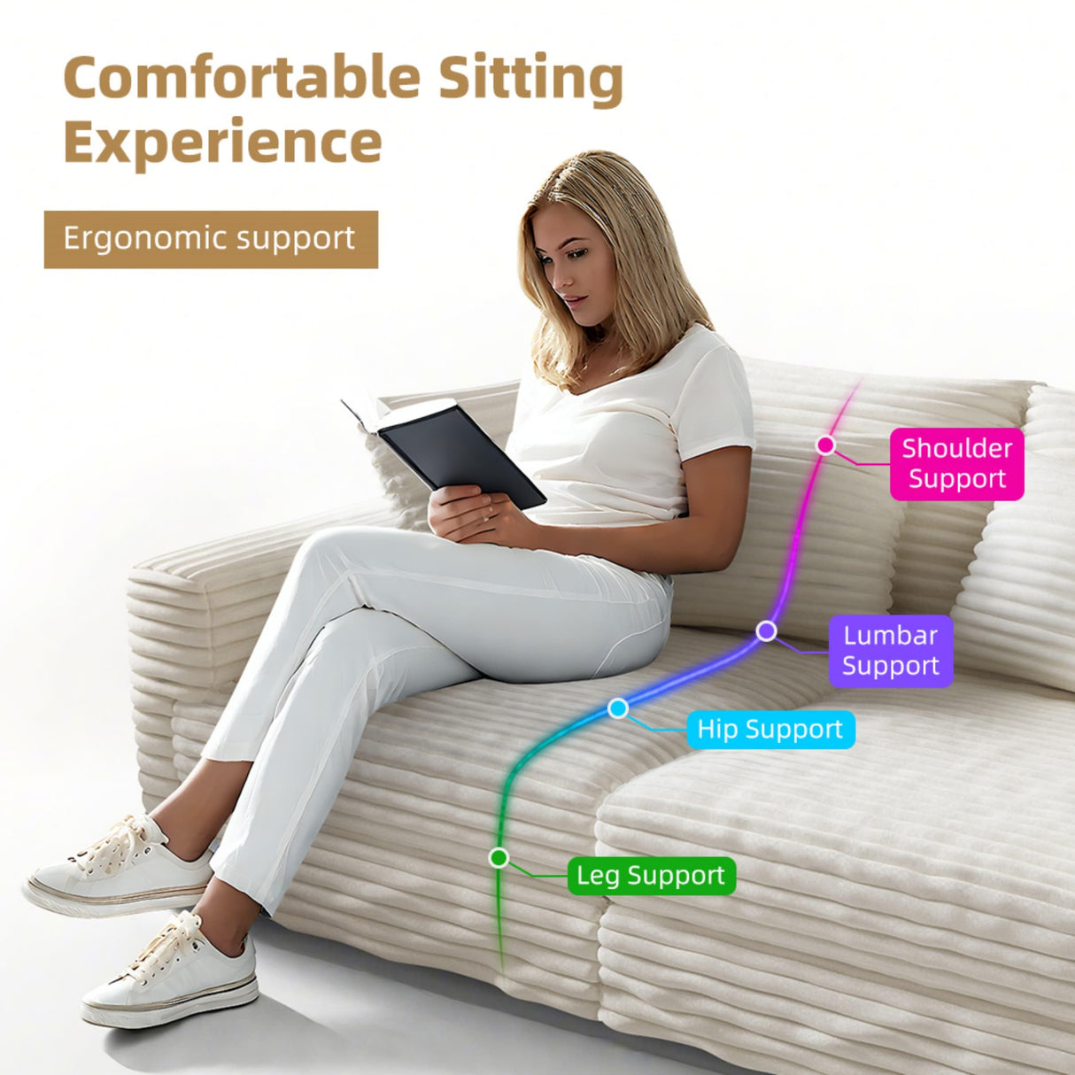 Ball & Cast 4 Seater Cloud Sectional Couch,102.4" Modern Modular Sectional Sofa with Deep Seat & Pillows,Plush Corduroy Comfy Convertible Sofa Couches for Living Room,Beige Ball & Cast