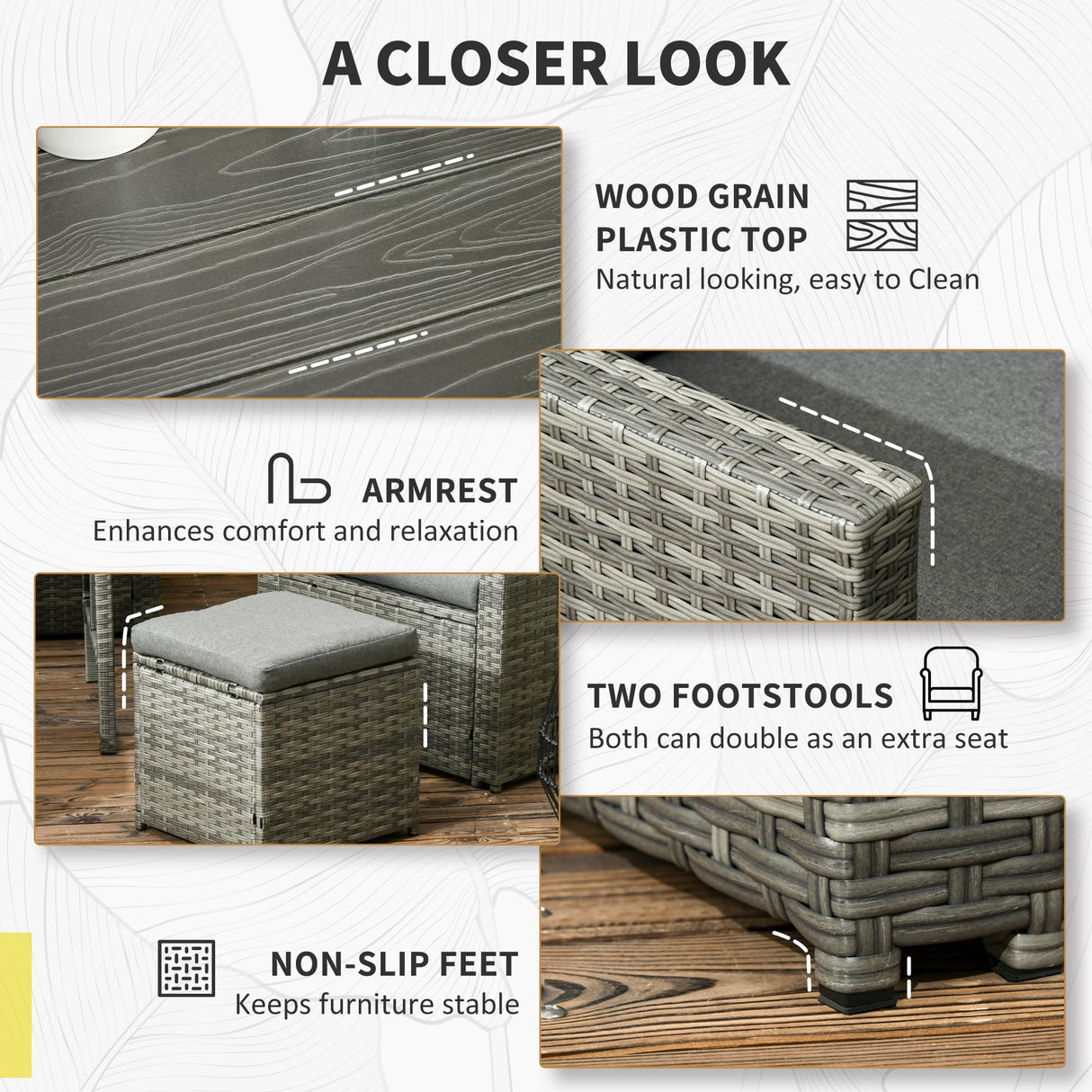 Outsunny 6 Piece Patio Dining Set, PE Rattan Furniture Set with 2 Chairs Cushions & Outdoor Loveseat Sofa, Woodgrain Slatted Dinner Table, Gray Outsunny