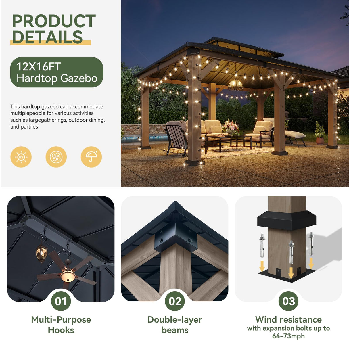 Aoxun 12' x 16' Outdoor Wood Gazebo, Hardtop Gazebo Permanent Wooden Pavilion with Galvanized Steel Double Roof, for Patio, Garden, Backyard, Cedar Wood Aoxun