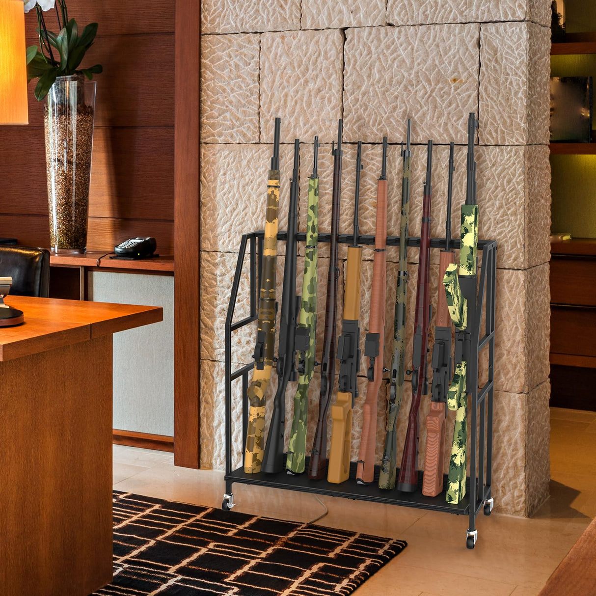 Gun Rack, Freestanding Floor Gun Stand with Metal Frame and Wheels, Wooden Adjustable Shotgun Rack Holds up to 10 Long Guns, Rifle Display Stand Storage Holder Indoor for Home Garage, Black HEOMU