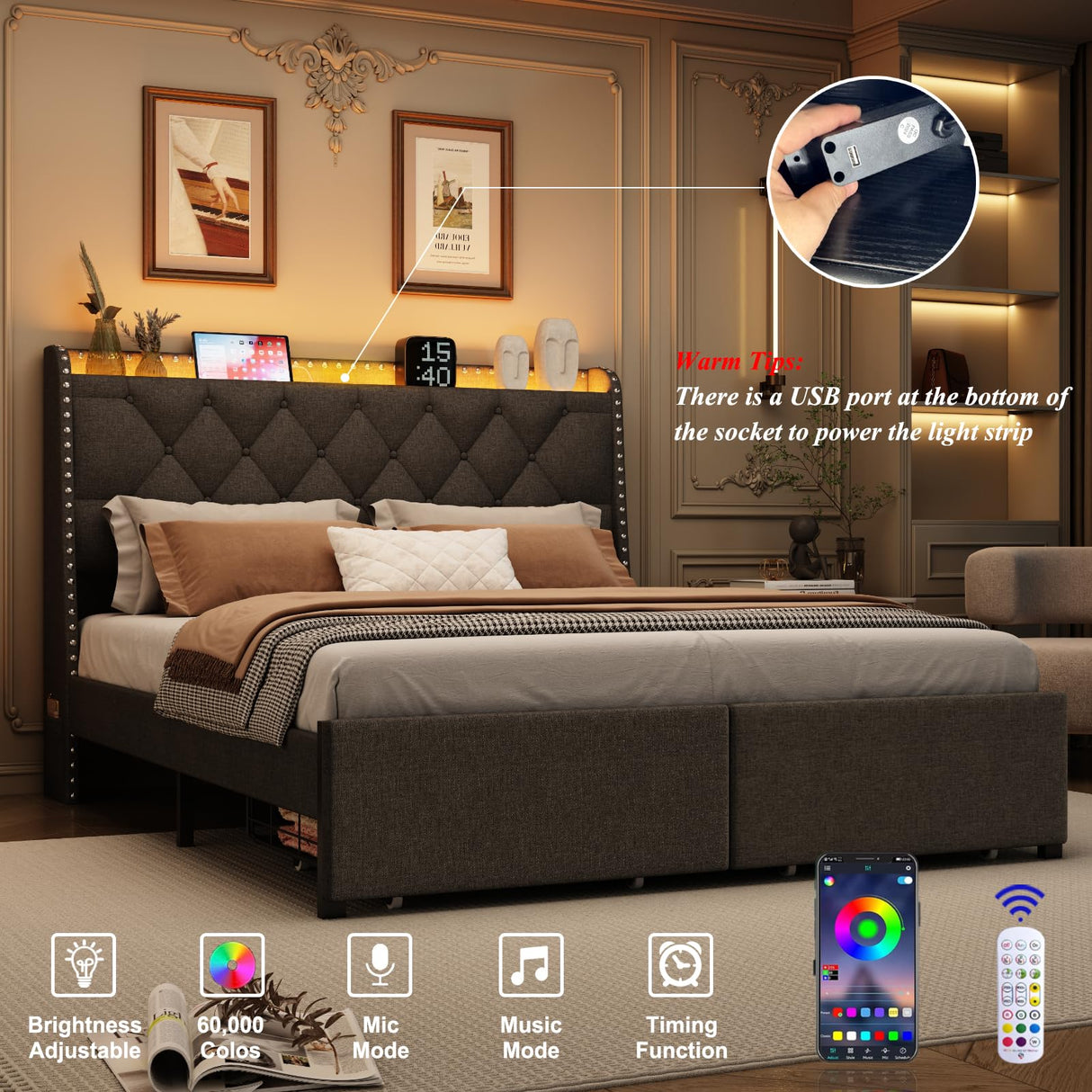 Queen Size Bed Frame with Storage Headboard and 2 Drawers, Upholstered Button Linen Platform Bed frame with Led Lights and Charging Station, No Box Spring Needed, Easy Assembly, Noise Free, Gray TIGUBFRE