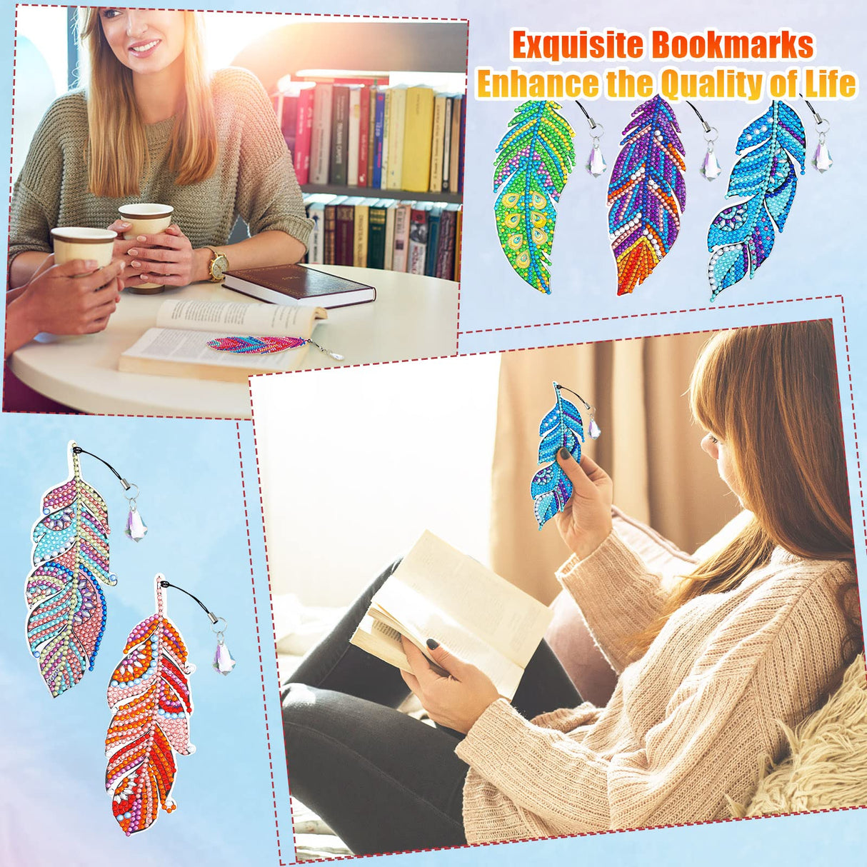 Tinlade 8 Pcs 5d Diamond Painting Bookmarks Kits DIY Crystal Diamond Art Feather Bookmarks for Book Lovers Home Office Project Graduation Birthday Gift Tinlade