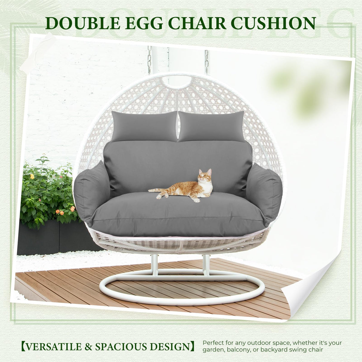 Waterproof Double Egg Chair Cushion Replacement for Patio 2 Person Hanging Egg Chair - Quick-Drying, Weather-Resistant, Soft Cotton Filling, Machine Washable (Grey) Cuteripe