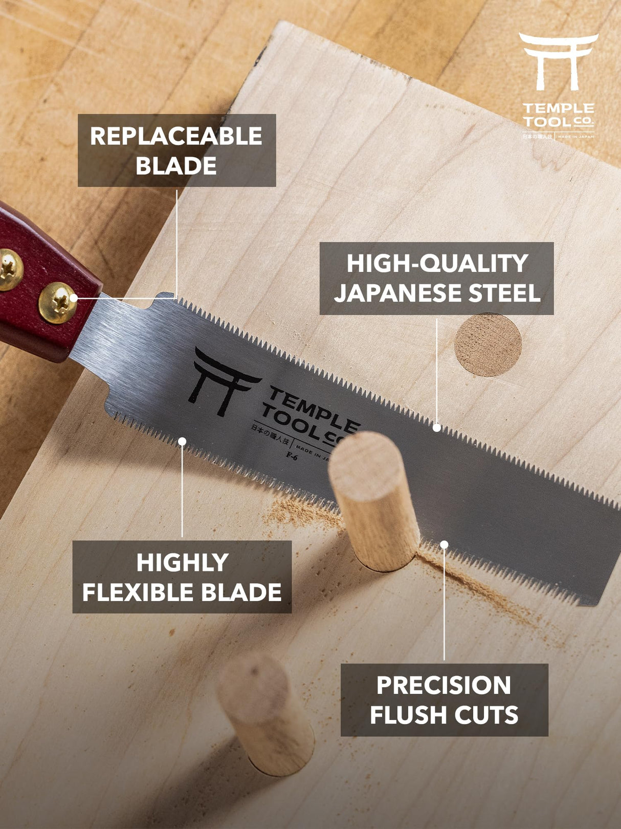 Japanese Flush Cut Saw - 6 Inch Double Edge Pull Saw for Flush Cutting Dowels, Pegs, Wedges - Hardwood Softwood Hand Saw - Small Wood Saw - Temple Tool Co. Temple Tool
