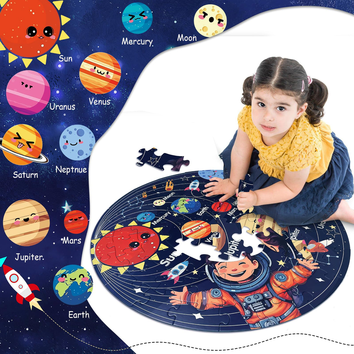 Hibility Puzzles for Kids Ages 4-6, 6-8, 3-5, Large 70 Piece Round Floor Jigsaw Puzzle Toys with Solar System Planets, Education Kids Puzzles Learning Gift for Christmas Hibility