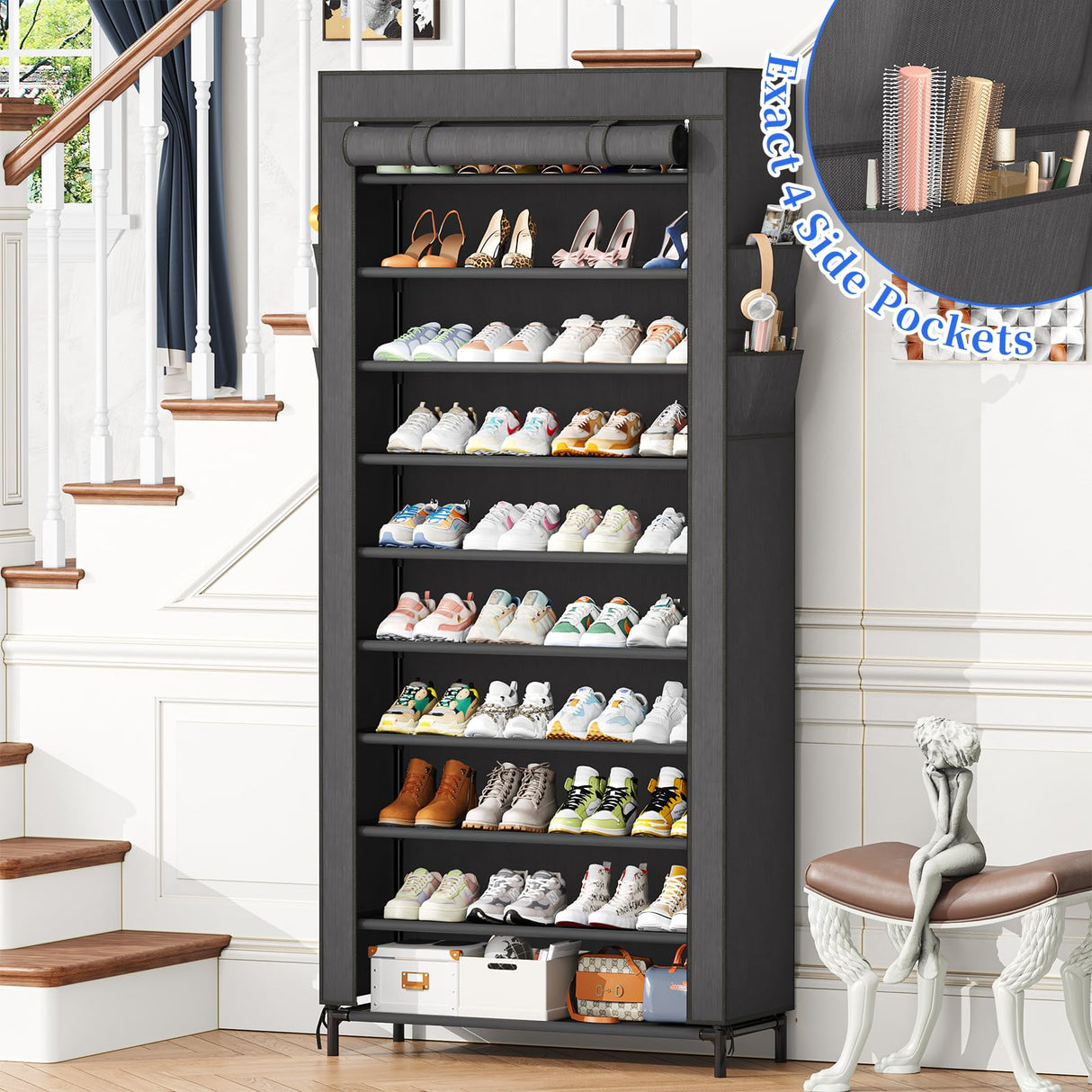 Simple Trending Tall Shoe Rack Organizer Holds 40 Pairs, 10 Tier Large Capacity Shoe Cabinet Storage with Cover for Closet, Black Simple Trending