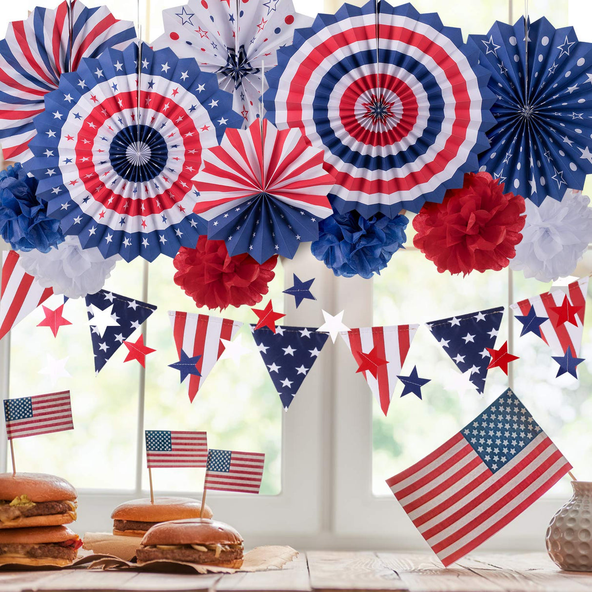 Whaline 4th of July Party Decorations Set, Patriotic USA Flag Pennant Bunting, Red White Blue Paper Fans, Star Garland Hanging Streamers, Tissue Pom Pom Flowers for Independence Day Decor, 14Pcs Whaline