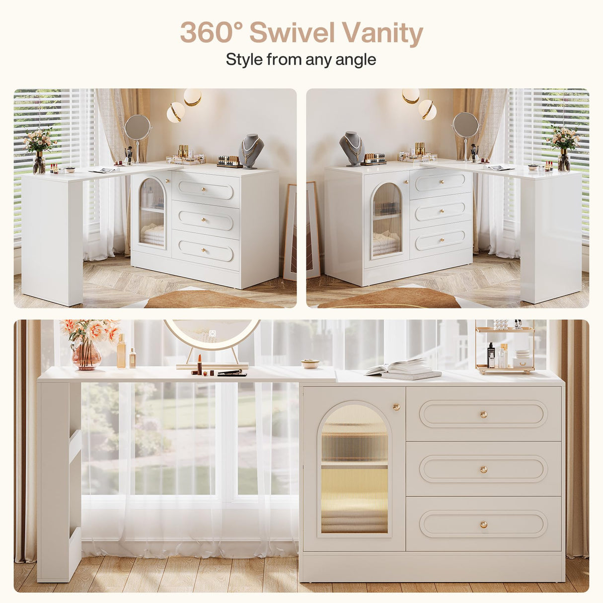 Tribesigns Extendable Vanity Desk and Dresser Combo, 78" L Shaped Vanity Table with Cabinet & 3 Drawers, Wood Dressing Table with 3 Side Shelves for Women & Girls Bedroom (Without Mirror) Tribesigns