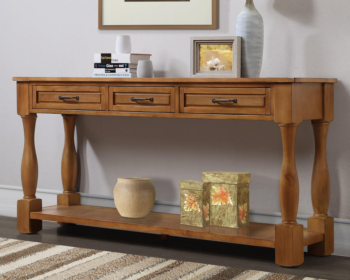 LKTART Solid Wood Console Table Sofa Table Entryway Table with 3 Drawers and 1 Bottom Shelf for Storage Entry Hallway Foyer Sofa (63" Brown) LKTART