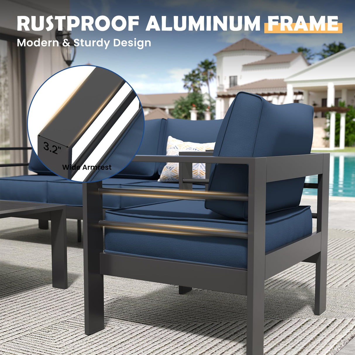 Amopatio Aluminum Patio Furniture Set, 10 Pieces Modern Patio Conversation Sets, Outdoor Sectional Metal Sofa with Coffee Table for Balcony, Garden, Dark Grey&Blue (Included Waterproof Covers) Amopatio