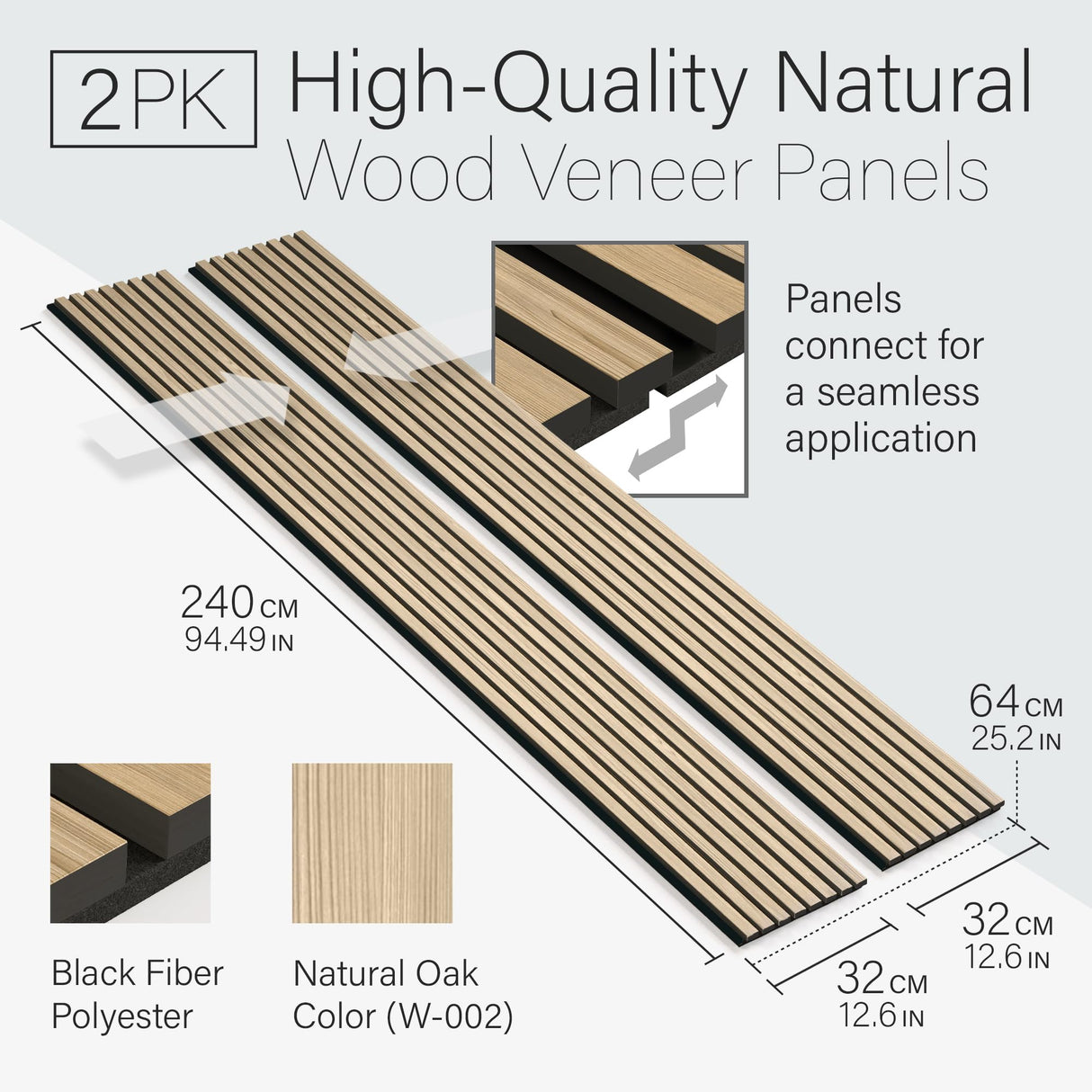 Kansoware Two Acoustic Wood Wall Veneer Slat Panels - Natural Oak | 94.49 x 12.6" Each | 16.54 sq ft. Coverage | Use for Soundproof Paneling, Interior Design, Outdoor Space, Van Restorations Kansoware