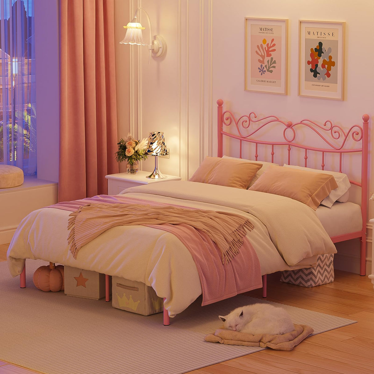 Merronix Full Size Bed Frame with Headboard, Elegant Metal Bed Frame Full for Girls, Modern Kids Full Bed Frame No Box Spring Needed, 11.2 Inches Height Clearance - Pink Merronix