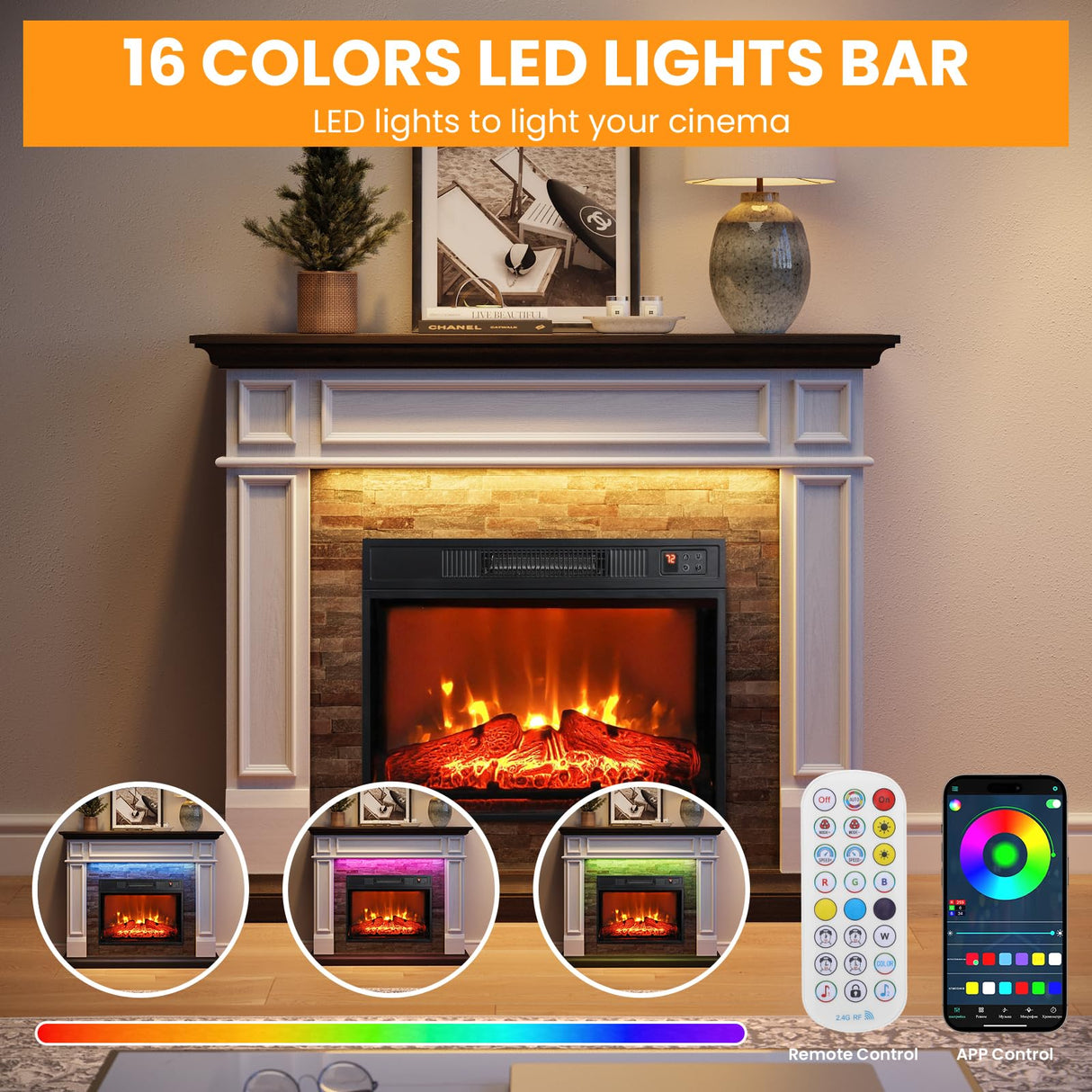 44" Electric Fireplace Mantel, LED Farmhouse TV Stand with Electric Fireplace Heater, Stacked Stone Surround and Remote Control 3D Realistic Flame, White Fireplace for Living Room Bedroom Naice