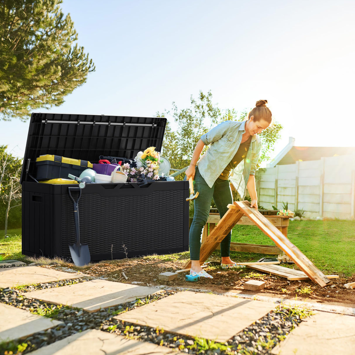 Greesum 100 Gallon Resin Deck Box Lockable Large Outdoor Storage Boxes for Garden Tools, Patio Furniture Cushions, Pool Supplies, Black Greesum