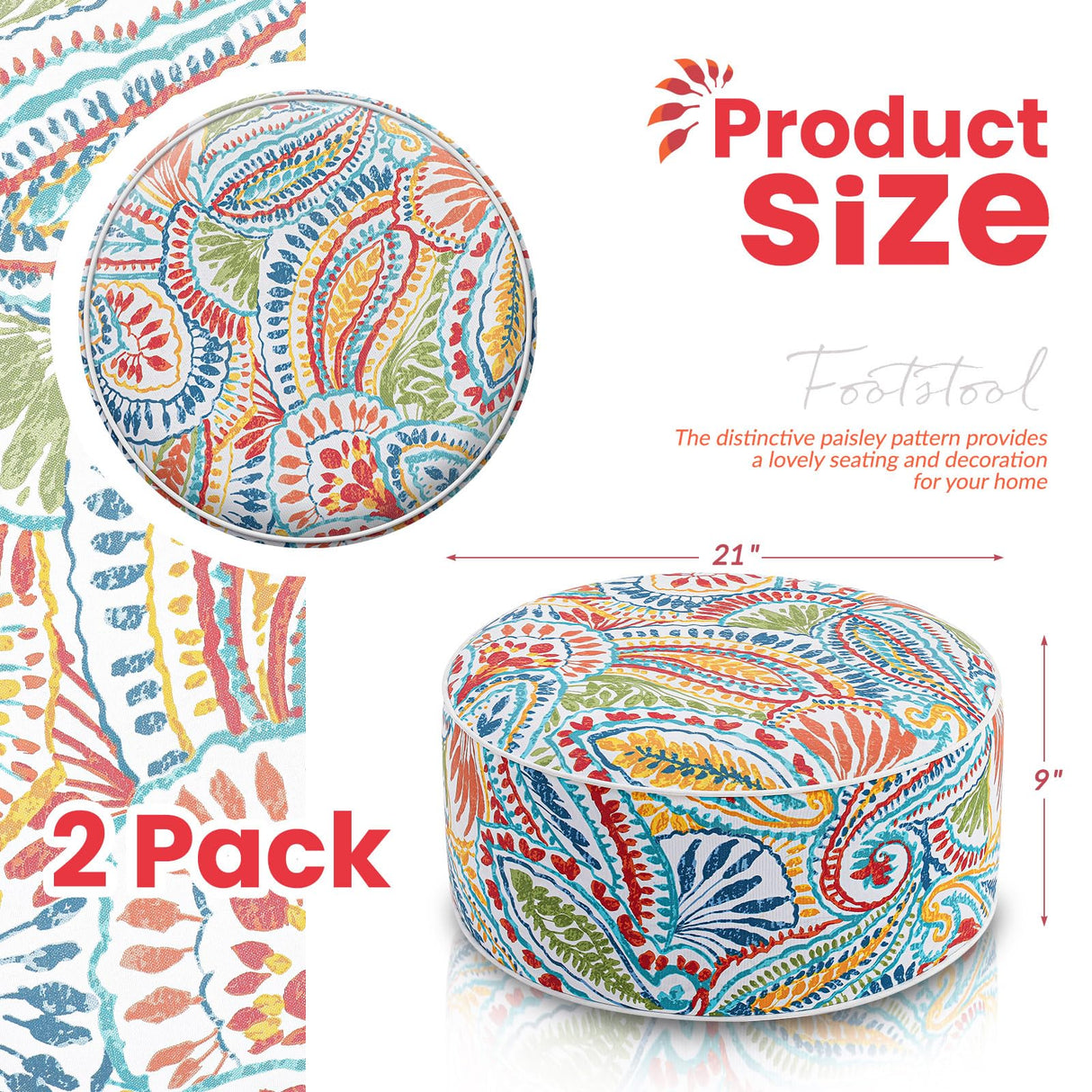 Juexica 2 Pack Outdoor/Indoor Inflatable Ottoman 21 x 9 Inch Paisley All Weather Round Footrest Stool with Handle Water Repellent Portable Footstool Pouf for Patio Garden Camping Home Deck Travel Juexica