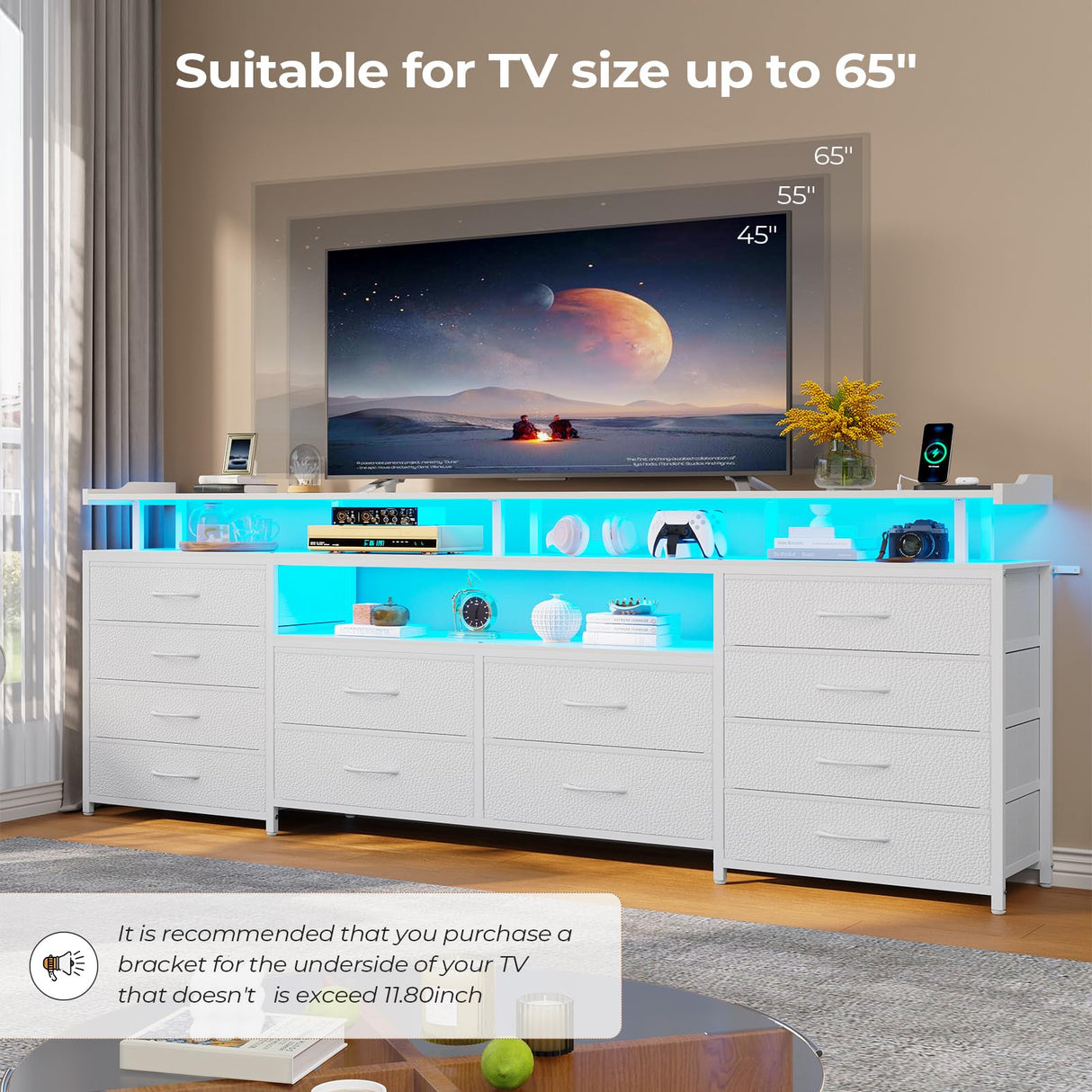 HAUOMS TV Stand Dresser for 65 Inch TV, 63" W Dresser with LED Lights & Charging Station, White Long Dresser with 12 Fabric Drawers, Entertainment Center with Shelves,for Living Room HAUOMS