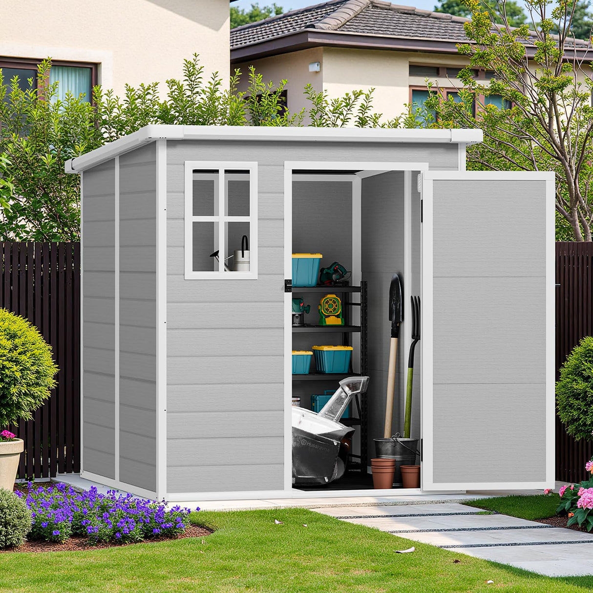 Osparple 6x6 FT Gray Resin Garden Storage Shed - Waterproof Outdoor Storage Resin Shed with Floor | Lockable Door, Window & Vents Tool Sheds for Bikes, Tools & Patio,Backyard,Lawn Osparple
