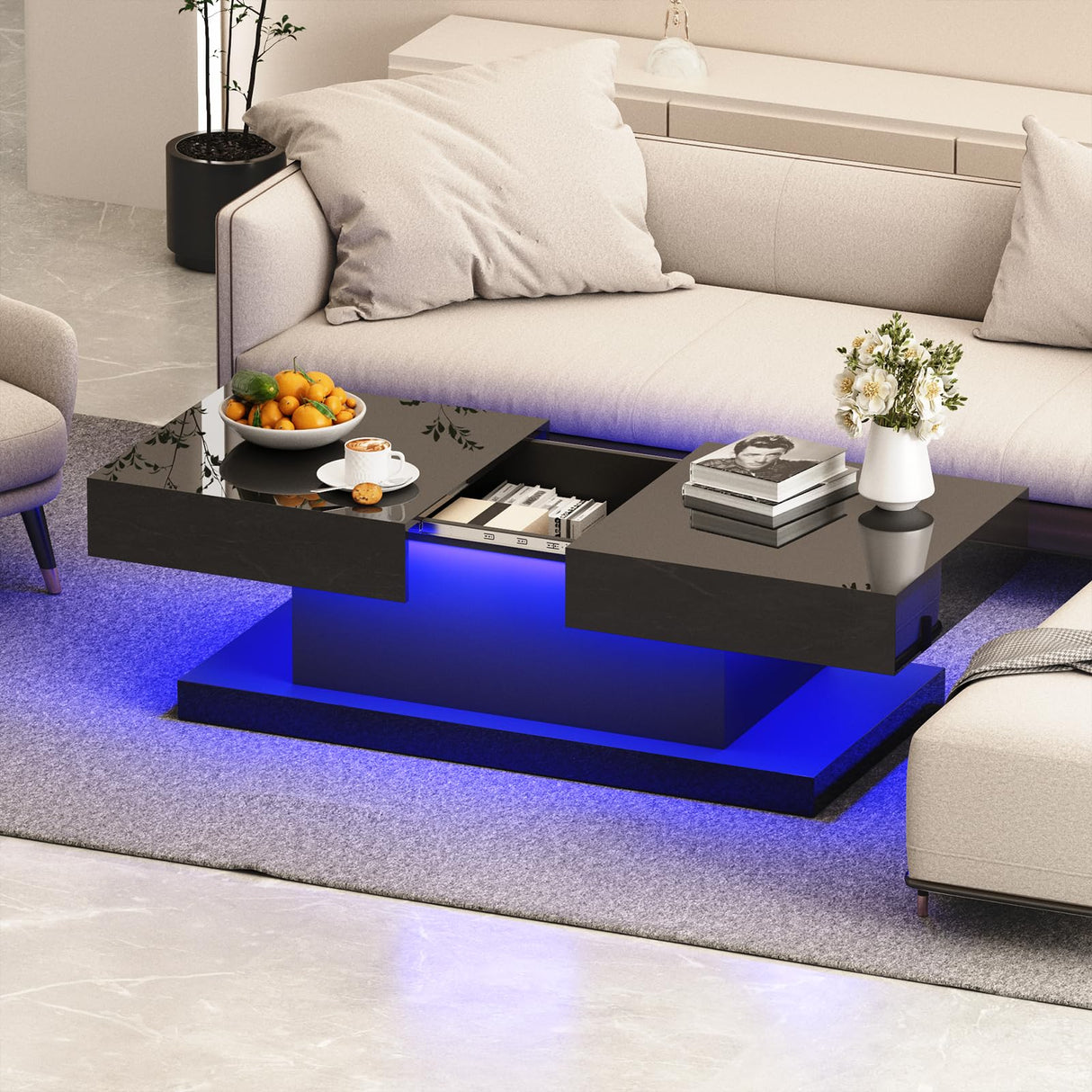 Black Coffee Table with LED Lights – 47.3" Modern Coffee Table with Hidden Storage & Sliding Top – Smart Living Room Table with High Gloss Finish GOFEI