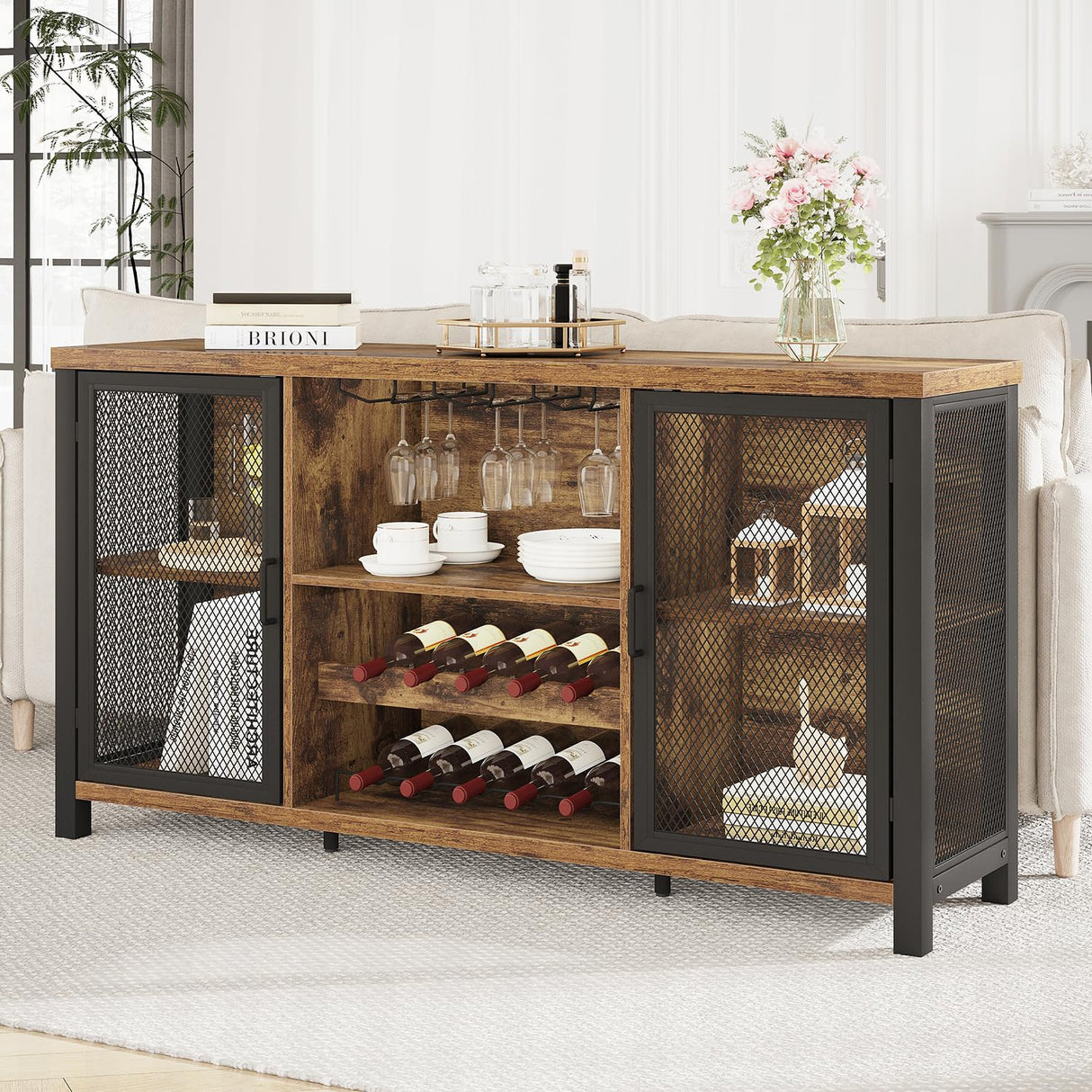 Launica Industrial Coffee Bar Cabinet, Wine Bar Cabinet for Liquor and Glasses, Liquor Cabinet with wine Rack Storage, Wood Metal Sideboard Buffet Cabinet for Home Kitchen Dining, Rustic Brown 55 Inch Launica