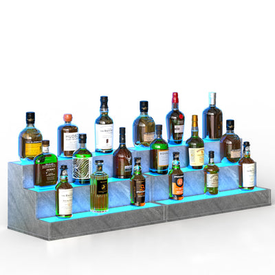 Bingoday 2 Pack LED Liquor Display Shelves Lighted Liquor Bottle Display Shelf with Acrylic Board Bar Display Stand for Home Bar Liquor Cabinet Decor (Grey, 3 step-24in)