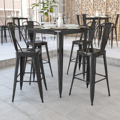 EMMA + OLIVER Commercial Grade 31.5" Square Black Metal Indoor-Outdoor Bar Height Table