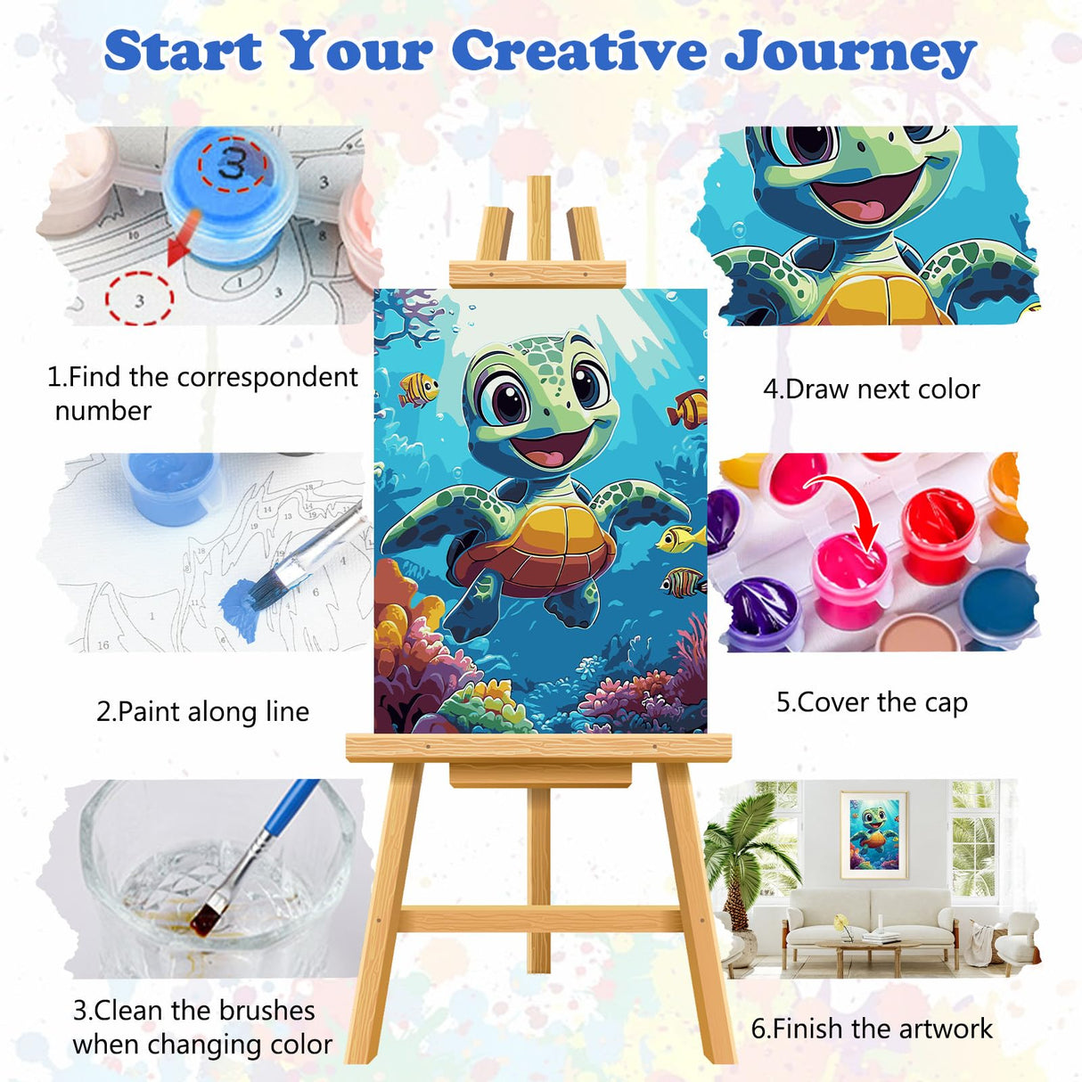 MEIYUDA Turtle Paint by Numbers Kit for Adults, Sea Turtle Paint by Numbers for Beginners, DIY Acrylic Oil Painting by Number on Canvas Without Frame for Home Wall Decor Gift 12x16in MEIYUDA