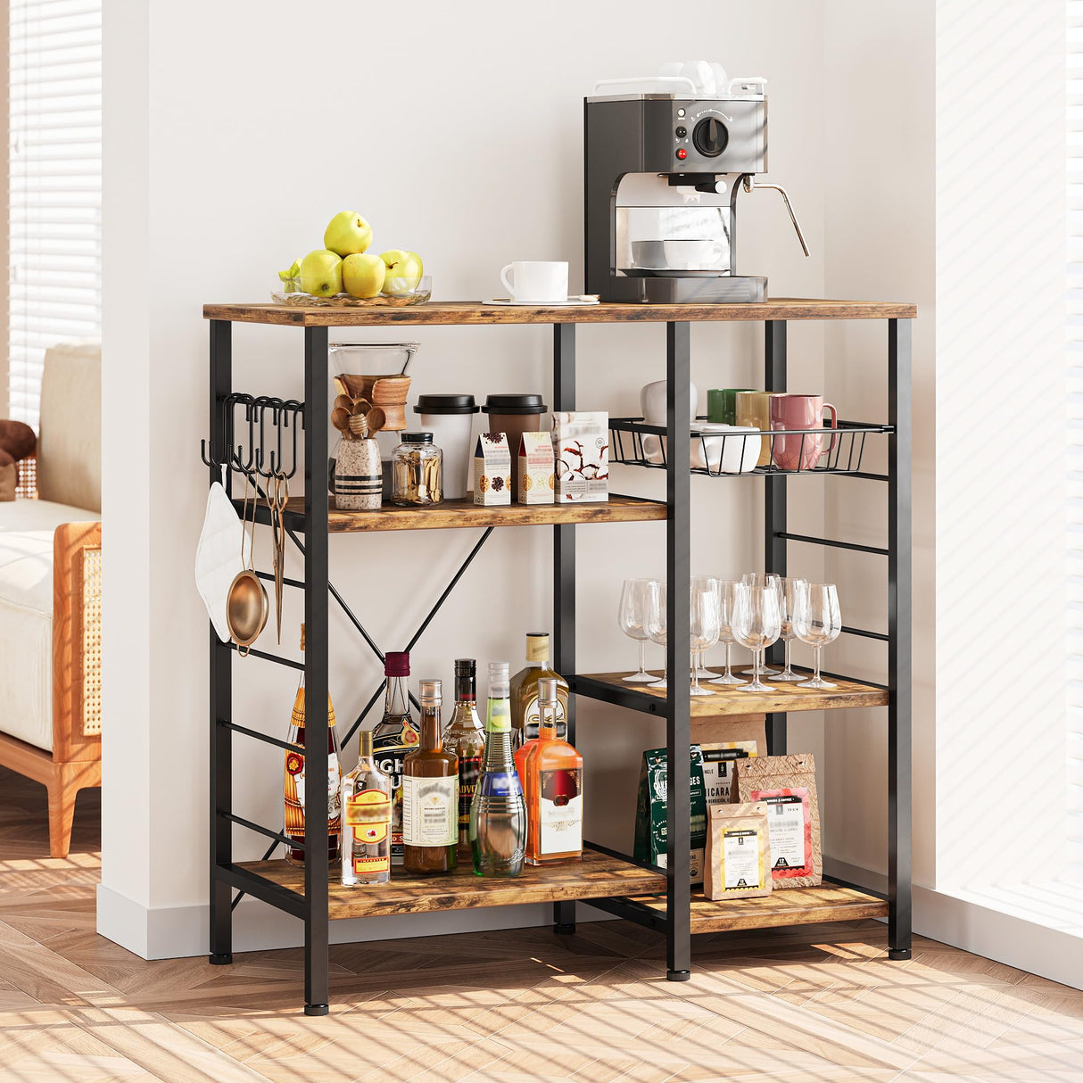 IRONCK Industrial Kitchen Baker’s Rack, Kitchen Island Utility Storage Shelf, Coffee Bar Microwave Stand with 6 Hooks, Metal Frame, Simple Assembly, Vintage Brown IRONCK