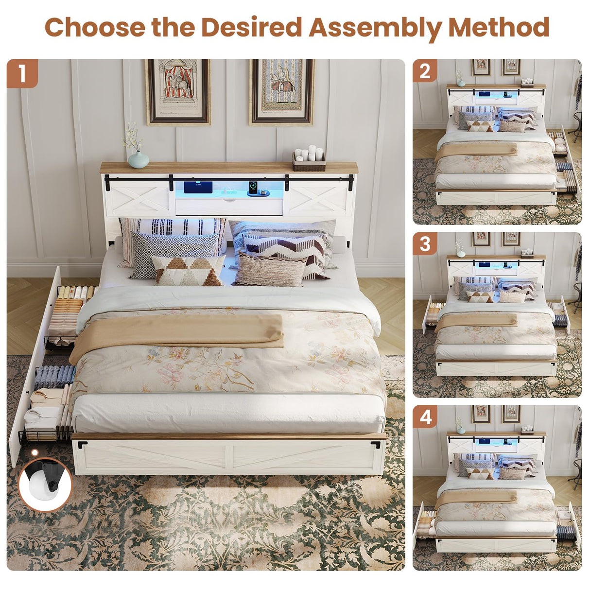 Hasuit Farmhouse Bed Frame King Size with Storage Bookcase Headboard, Wooden King Bed with LED Lights, Charging Station, 2 Drawers, Country Rustic Bed Frame with Sliding Barn Door Hasuit