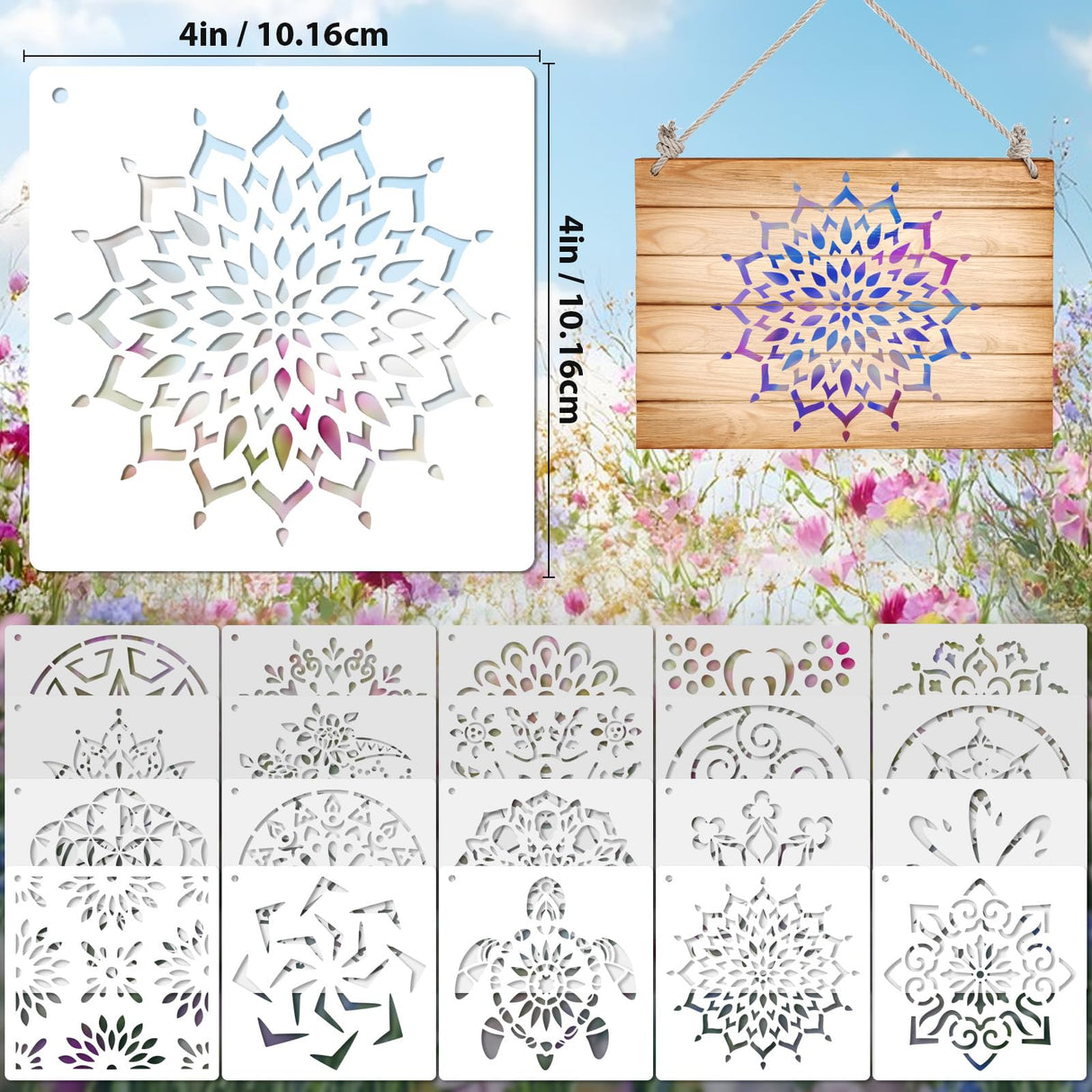 20 Pcs 4x4'' Mandala Stencils for Painting on Wood, Floor, Wall, Tile Fabric, Reusable Furniture Stencils Painting Template Mandala Template for DIY Rock Art Projects Decoration Yazhiji