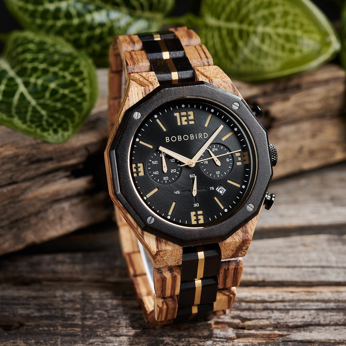 BOBO BIRD Men's Wooden Watch Sport Fashion Wristwatch Casual Chronograph Quartz Watches Men's Wood Stainless Steel Strap Watch with Date Display (Black) BOBO BIRD