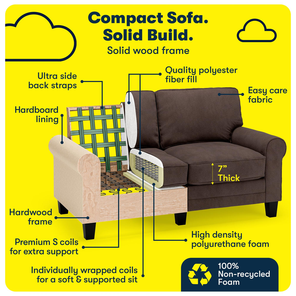 Serta Copenhagen 61" Rolled Arm Sofa, Easy Care Polyester, Soft Pillow Back, Pocket Coil Seat Cushions, Removable Covers, Loveseat or Couch for Small Spaces, Living Rooms or Bedrooms, Dark Brown Serta