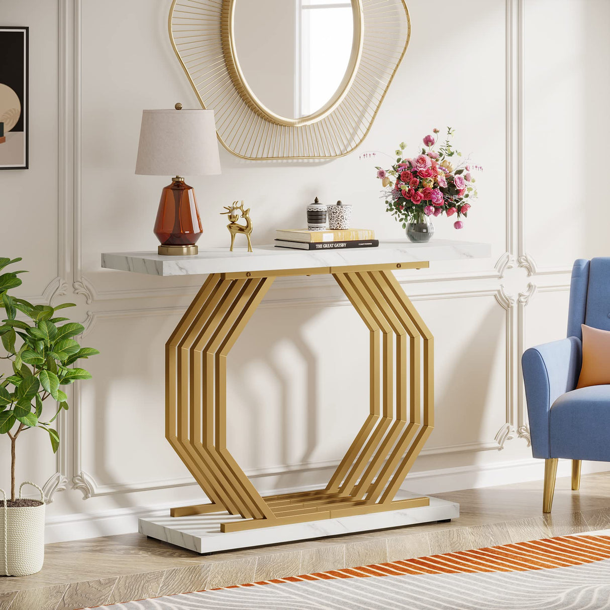 Tribesigns Gold Console Table, Faux Marble Entryway Narrow Sofa Table with Geometric Metal Base, 40 Inch Modern Accent Entrance Table for Living Room, Hallway, Foyer, White and Gold Tribesigns