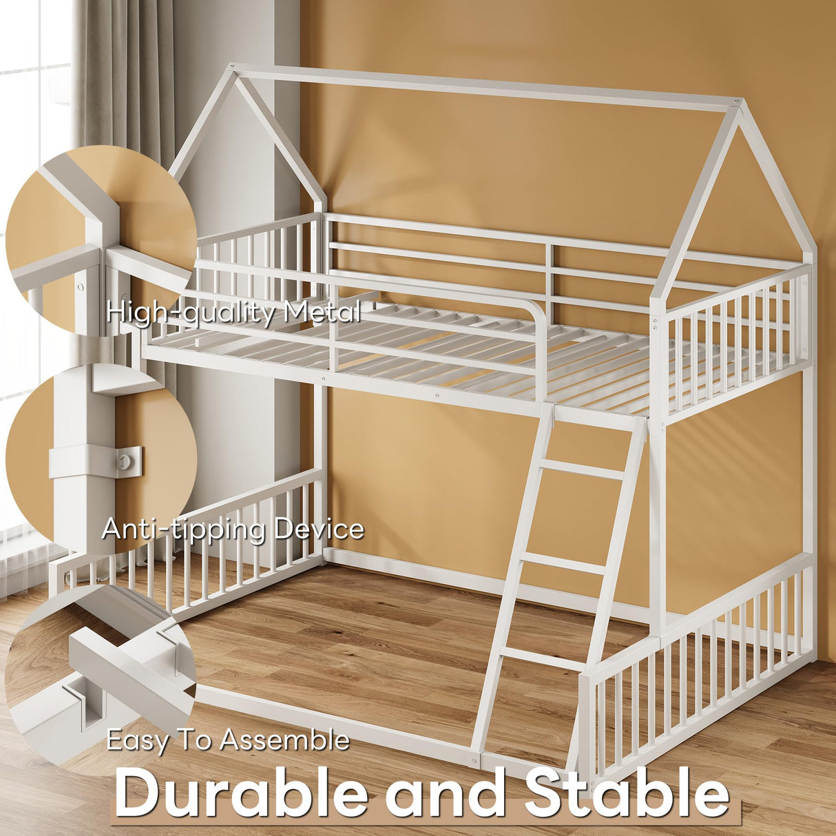 LIKIMIO Bunk Bed Twin Over Full Size, House Bunk Bed Frame with Ladder and Guardrail, House Shaped with Metal Slats Support No Box Spring Needed Space Saving for Bedroom and Dorm, White LIKIMIO